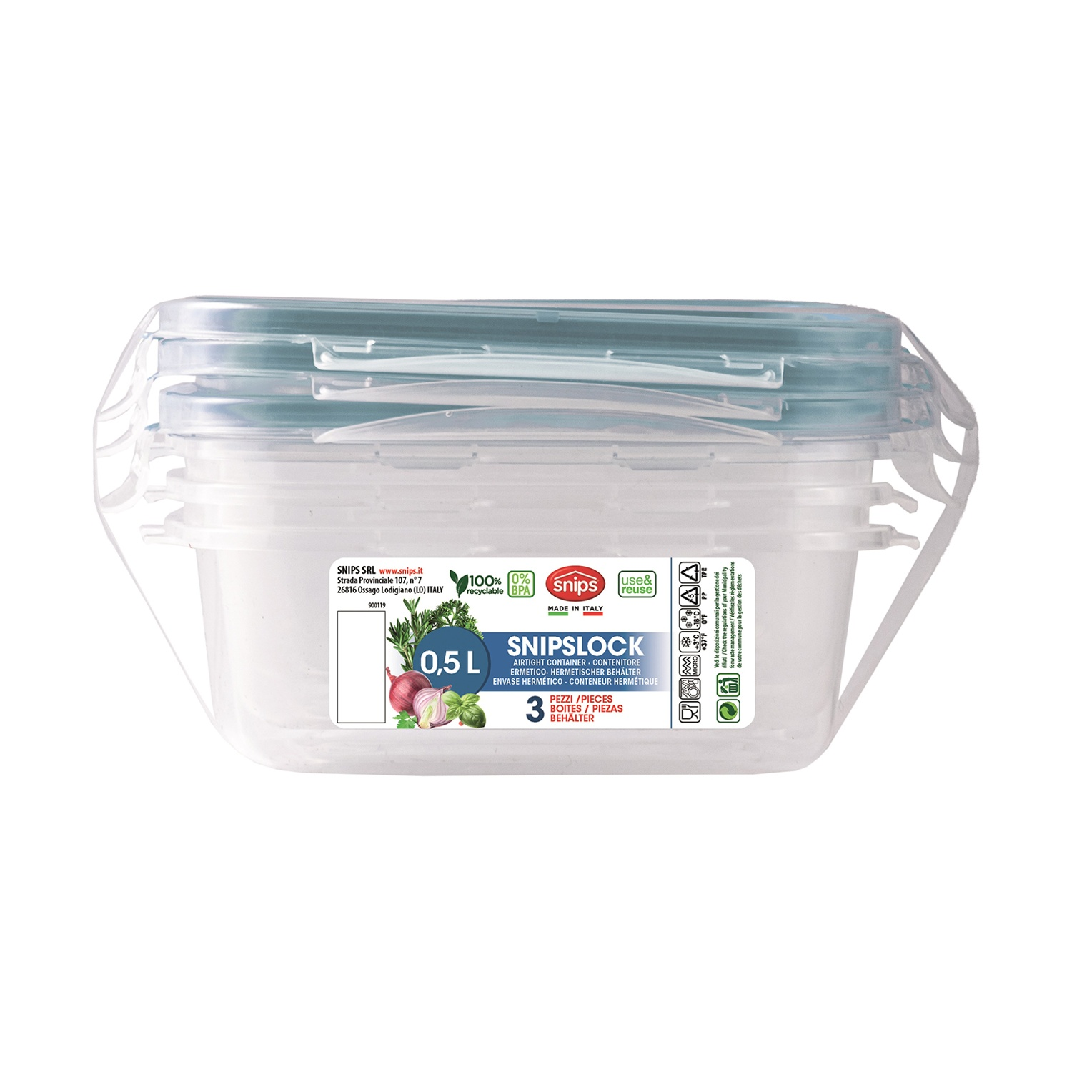 Contenitori per alimenti in plastica trasparente con coperchi blu, impilati. Le etichette mostrano capacità di 0,5L e il marchio 'Snips'.