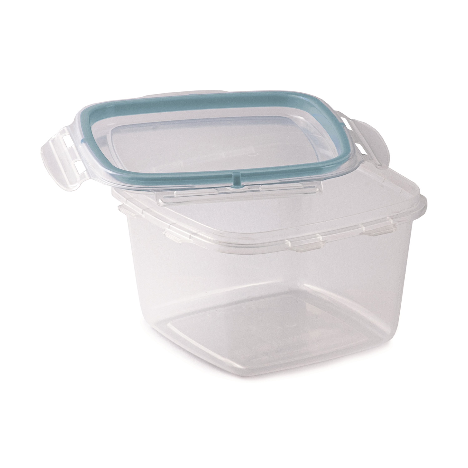 Un contenitore per alimenti in plastica trasparente con coperchio e chiusure turchesi è leggermente aperto.
