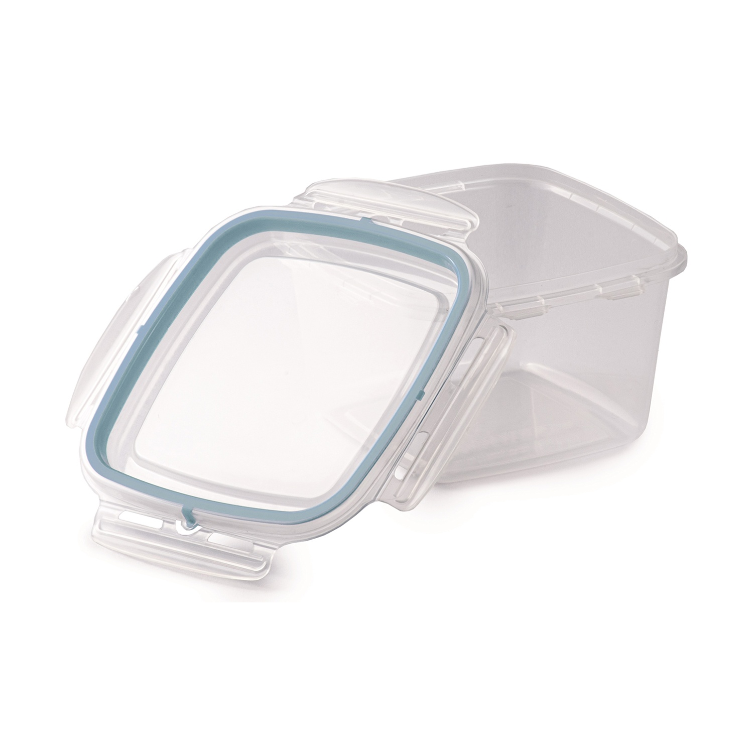 Un contenitore per alimenti in plastica trasparente con coperchio. Il coperchio ha una guarnizione blu. Il contenitore è aperto.
