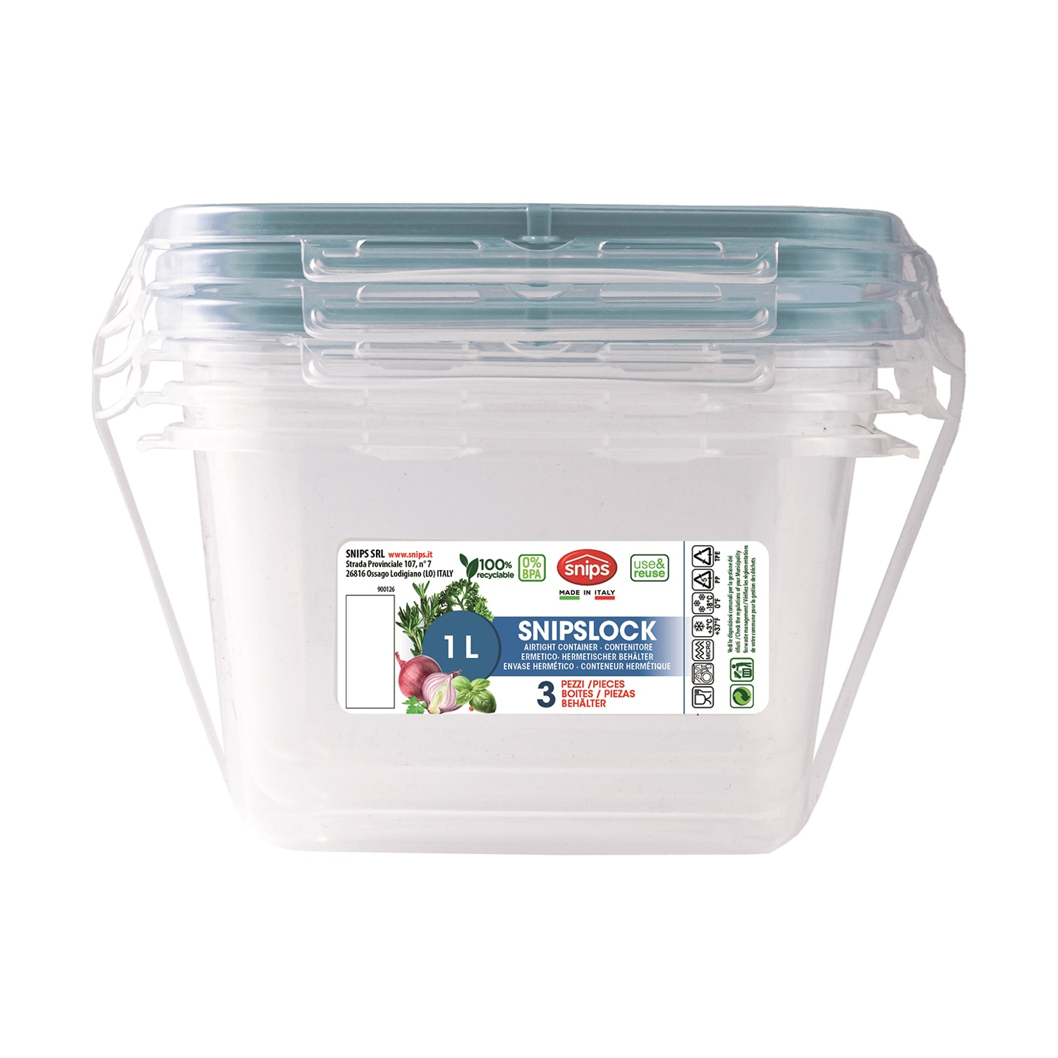 Un contenitore per alimenti in plastica trasparente con coperchio e clip verde acqua. Testo frontale: 'SnipsLock' e '1L'.