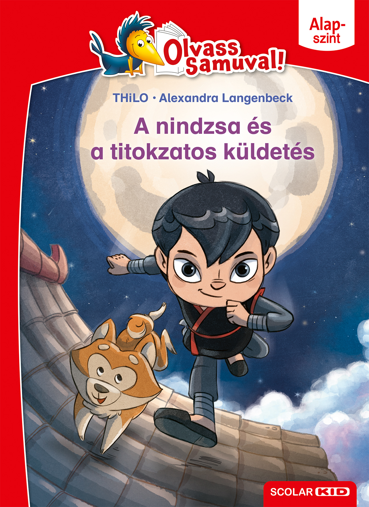 Egy nindzsa és egy kutya a tetőn telihold alatt. Egy könyv borítója, 'A nindzsa és a titokzatos küldetés'.