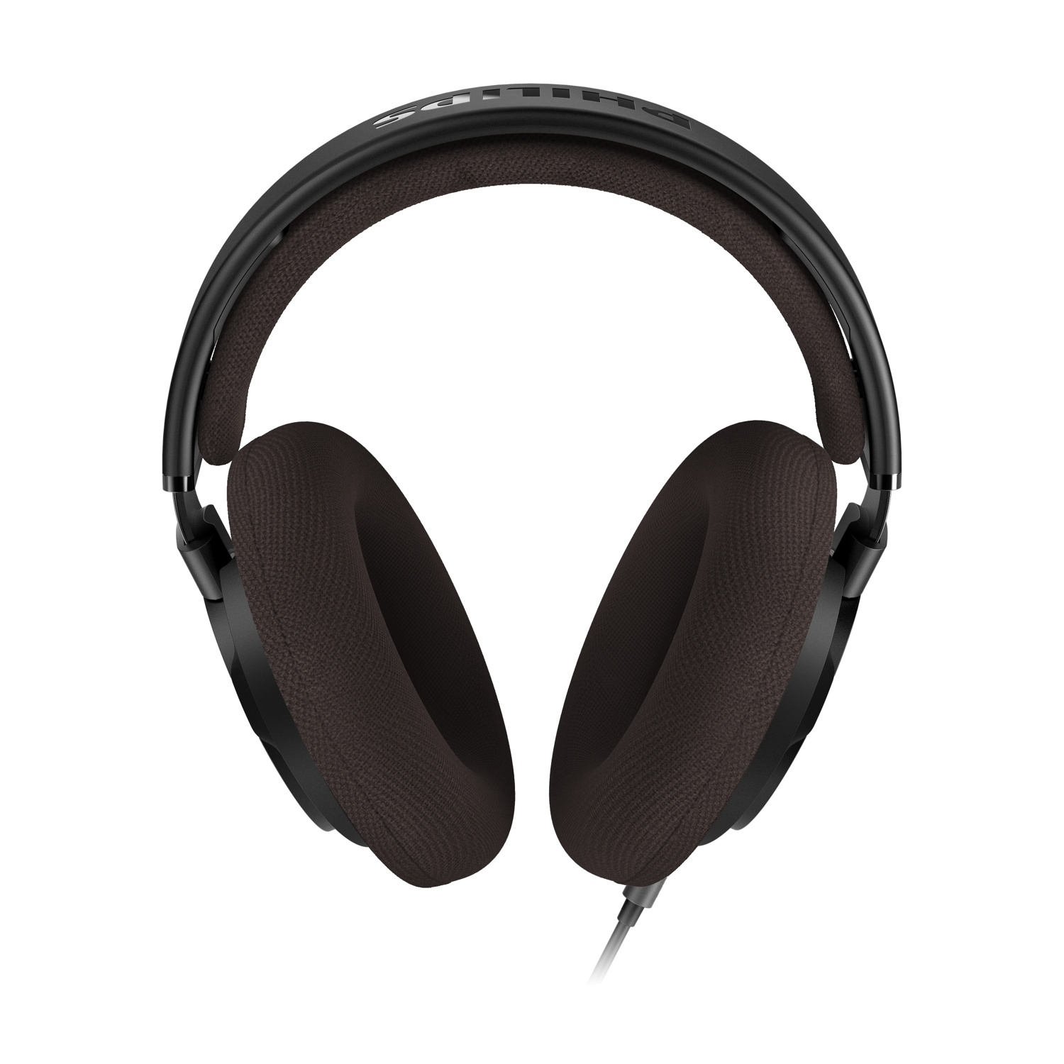 Cuffie over-ear su sfondo bianco. Montatura nera, padiglioni e fascia marroni. Un cavo pende.
