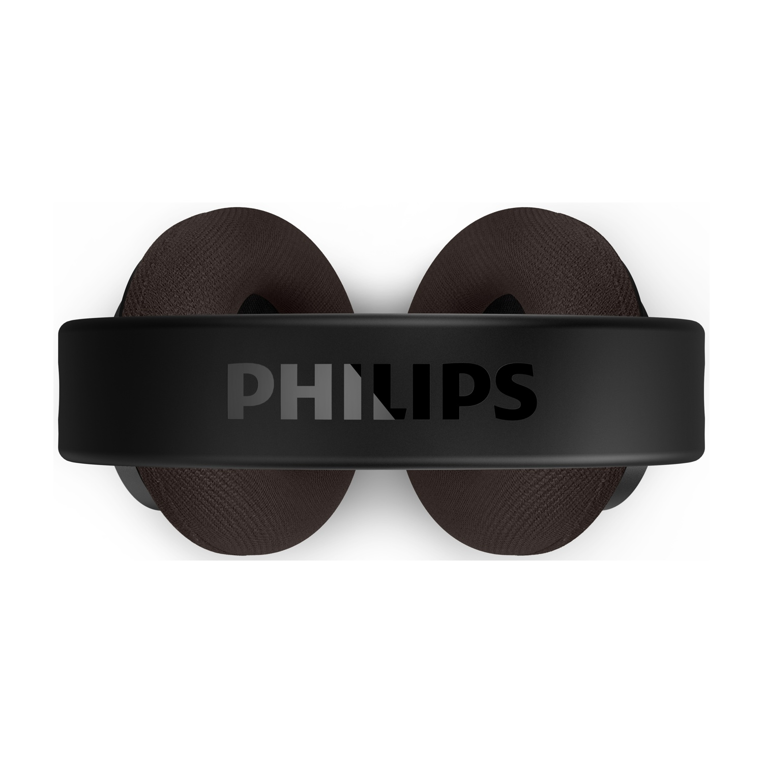 Vista dall'alto delle cuffie Philips, fascia nera con logo, padiglioni marroni su sfondo bianco.
