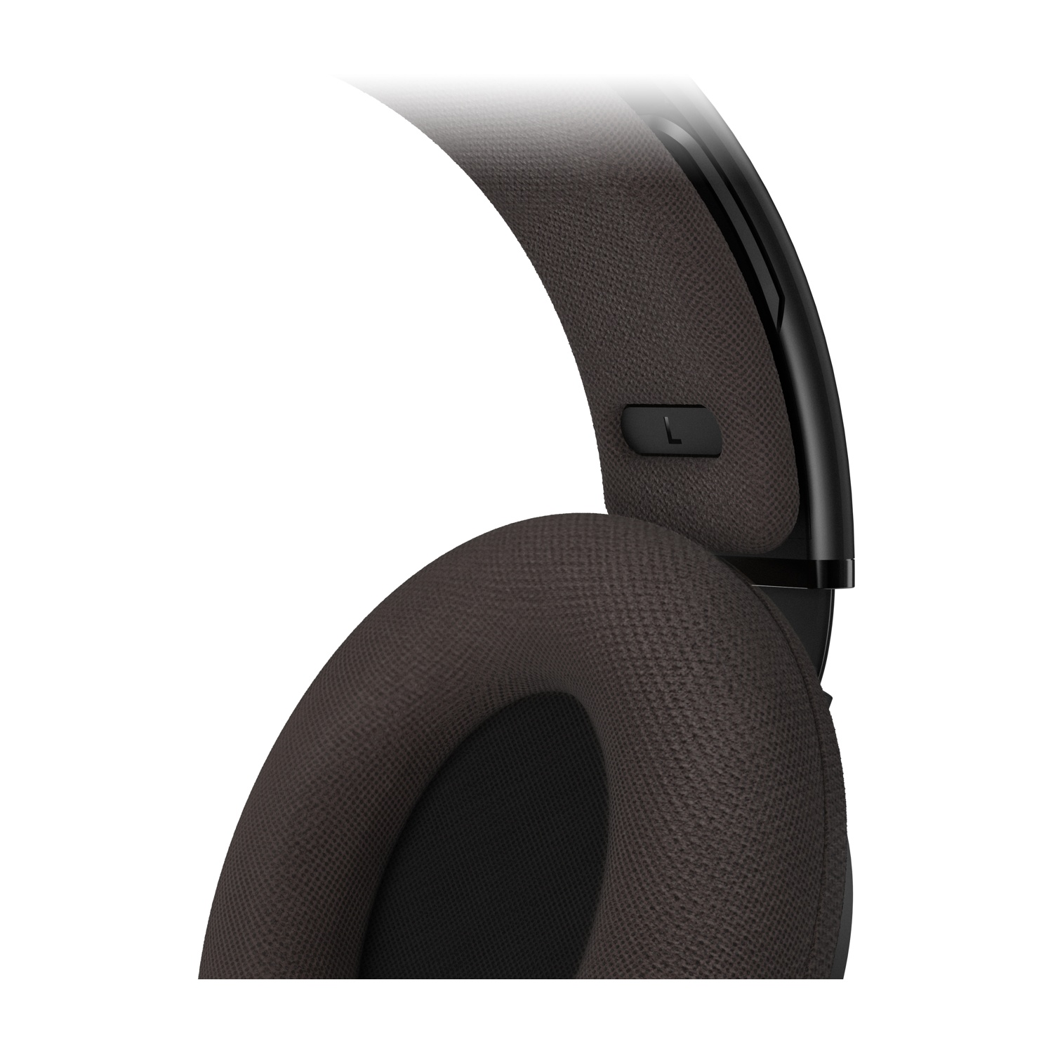 Primo piano di una cuffia over-ear grigio scuro. Il padiglione è spesso e arrotondato. L'archetto è nero e lucido. Lo sfondo è bianco.
