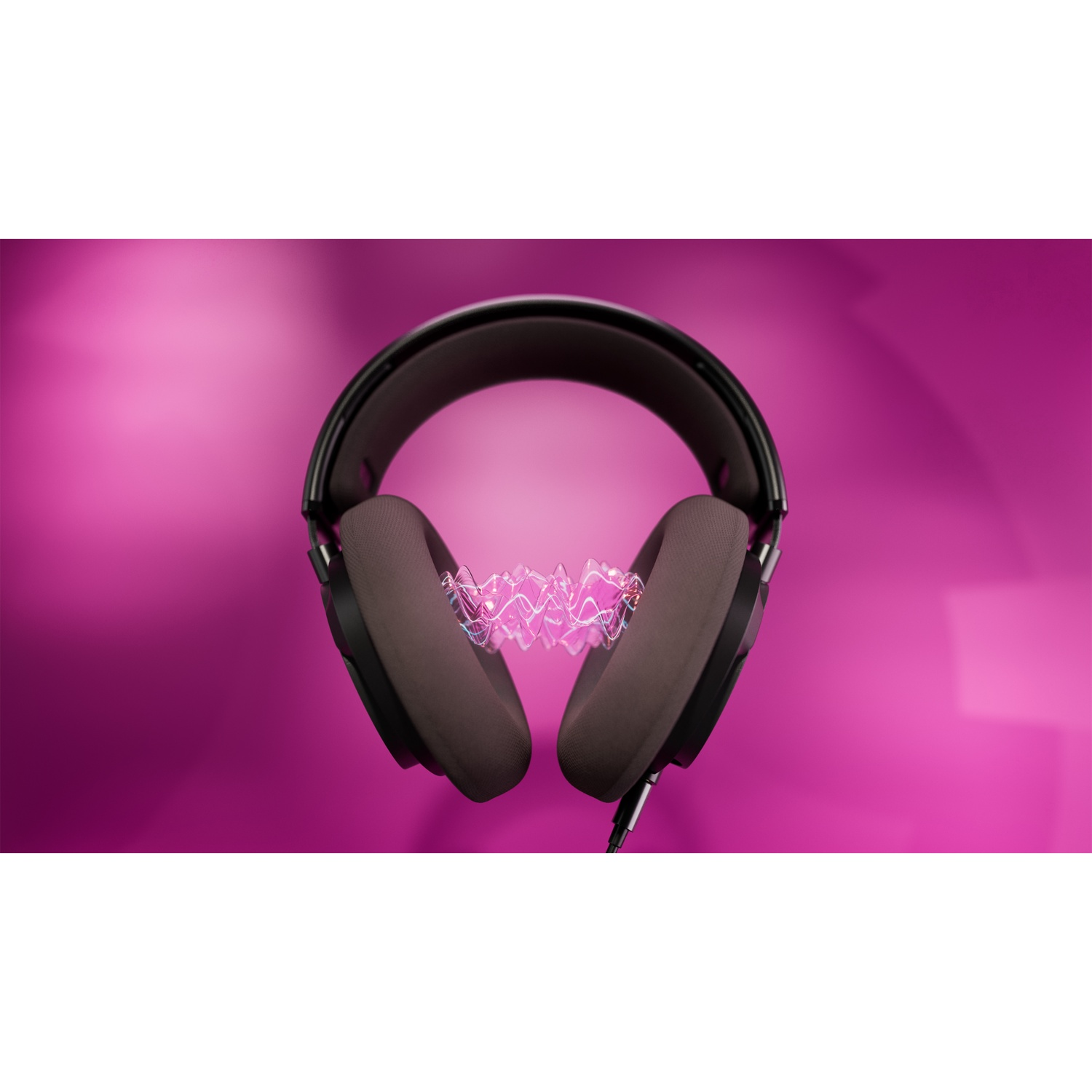 Cuffie nere con padiglioni grigi su sfondo rosa. Onde energetiche rosa tra i padiglioni.