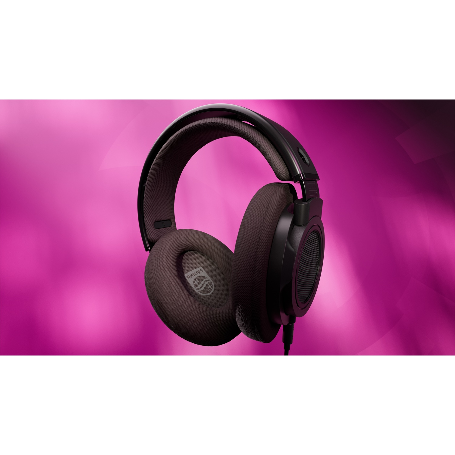 Cuffie Philips nere e marroni su sfondo rosa. Le cuffie hanno una fascia e padiglioni imbottiti e un cavo.