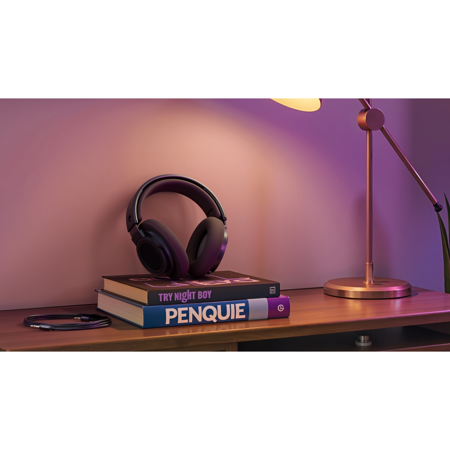 Cuffie su libri, cavo su tavolo di legno, illuminato da una lampada. I libri dicono 'Try Night Boy' e 'Penquie'. Lo sfondo è un muro.