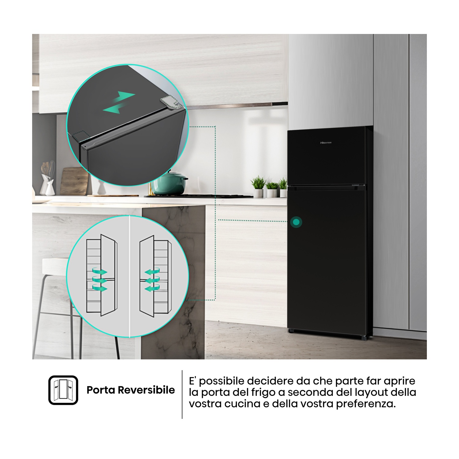Un frigorifero Hisense nero con porta reversibile è mostrato in una cucina. I dettagli includono diagrammi e testo sulla funzione.