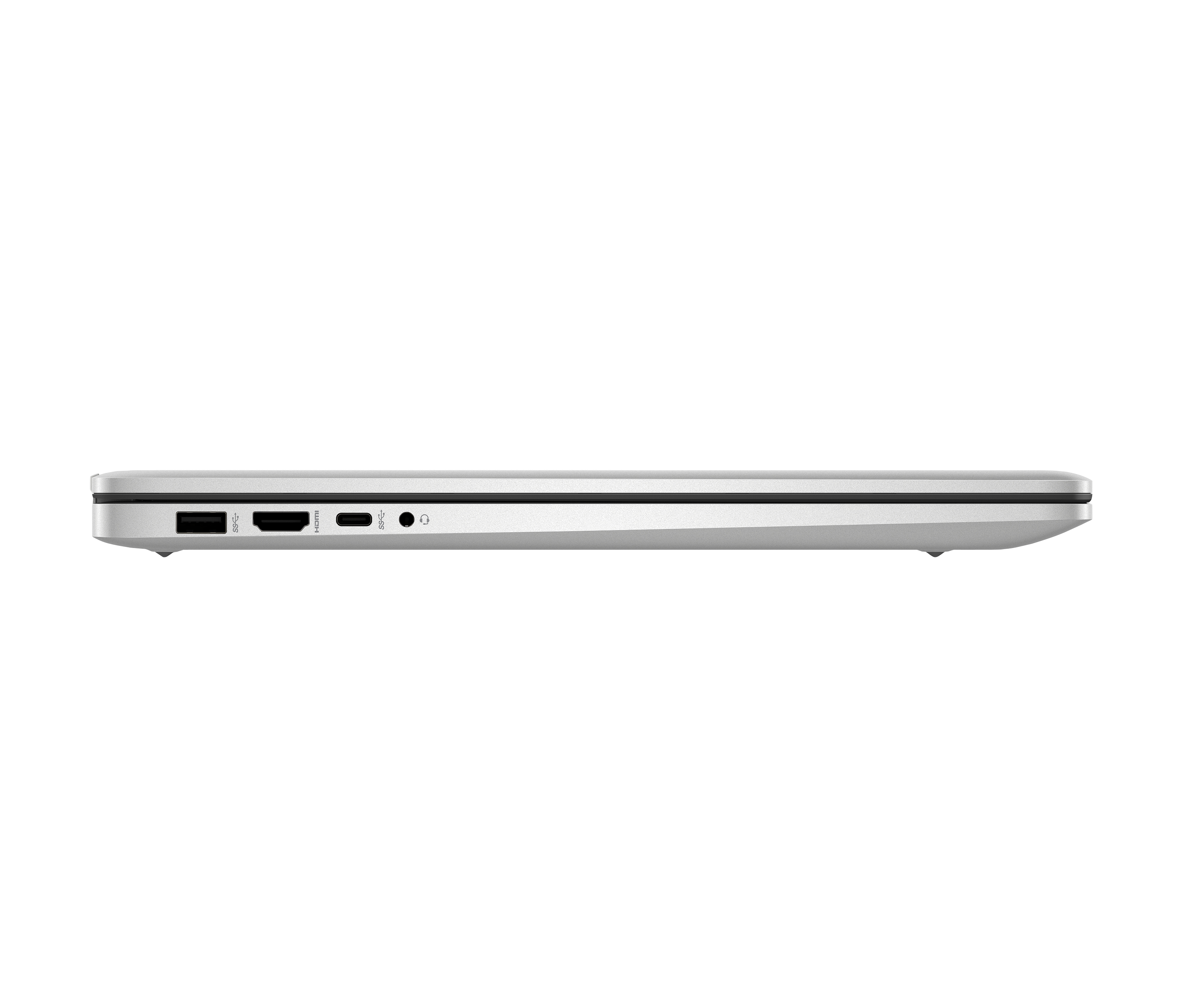 Widok z boku srebrnego laptopa. Widoczne porty: USB, HDMI i gniazdo audio. Czarne tło.