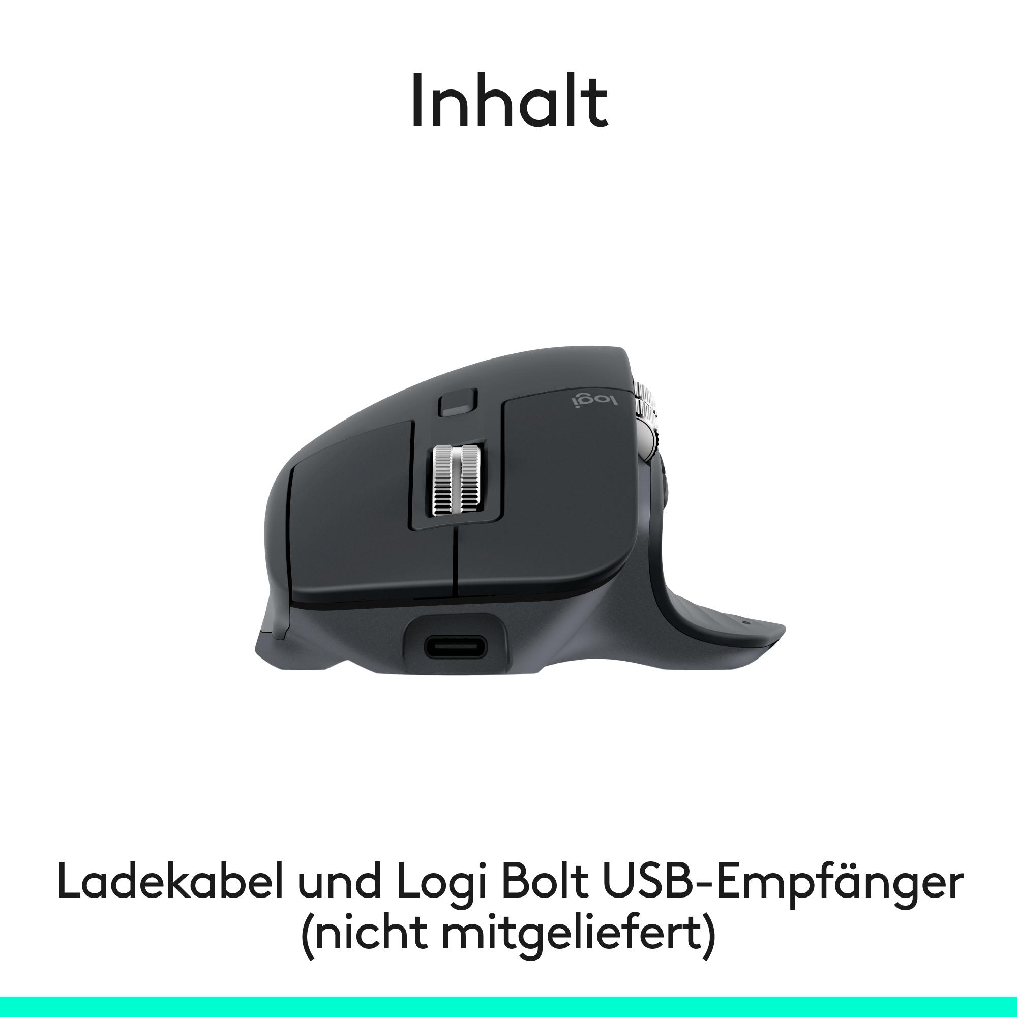 Eine schwarze Computermaus mit Scrollrad, USB-Anschluss und dem Logitech-Logo. Text oben und unten.