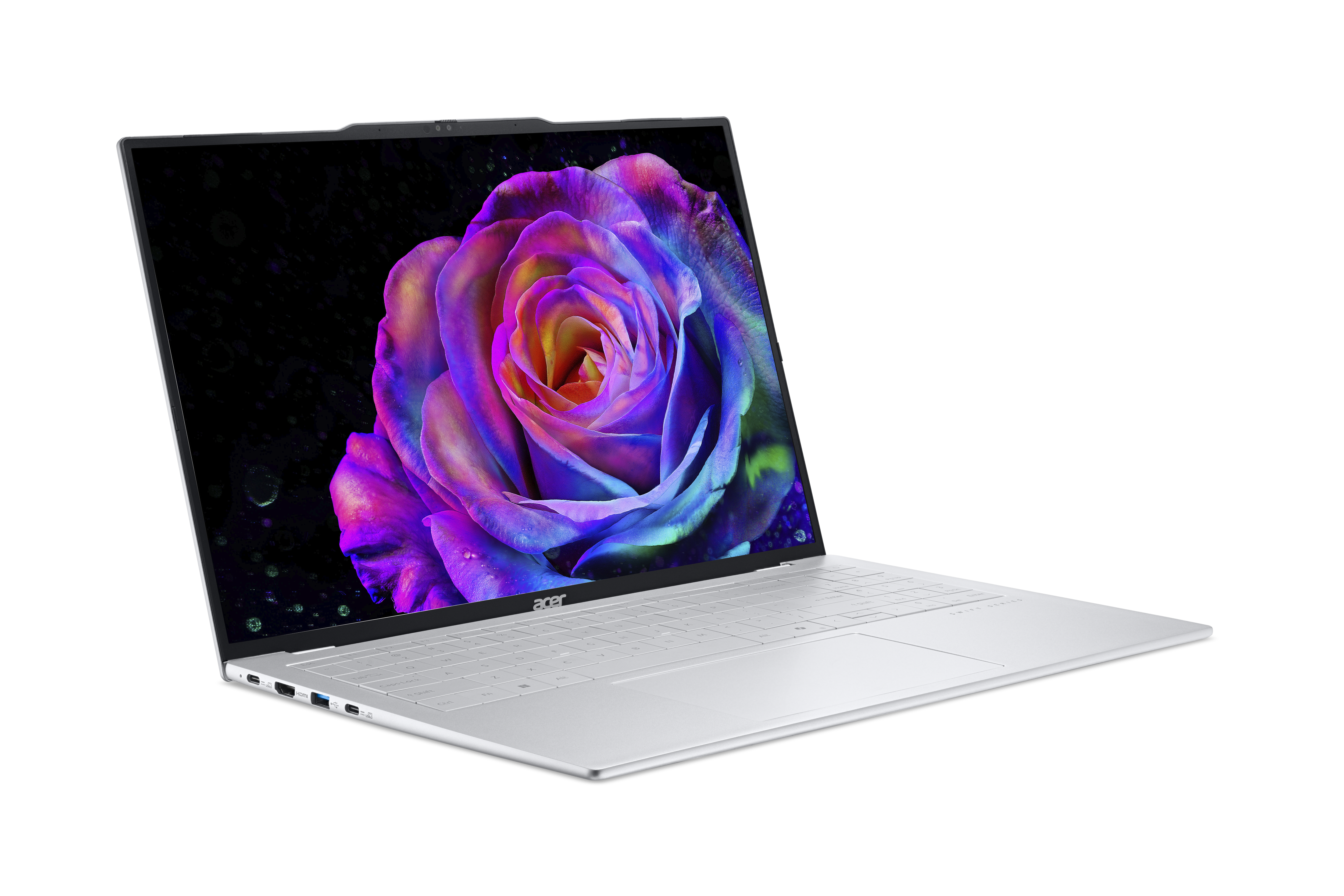 Silberner Laptop geöffnet, Rosenbild auf dem Bildschirm. Acer-Logo sichtbar. Schwarzer Hintergrund.