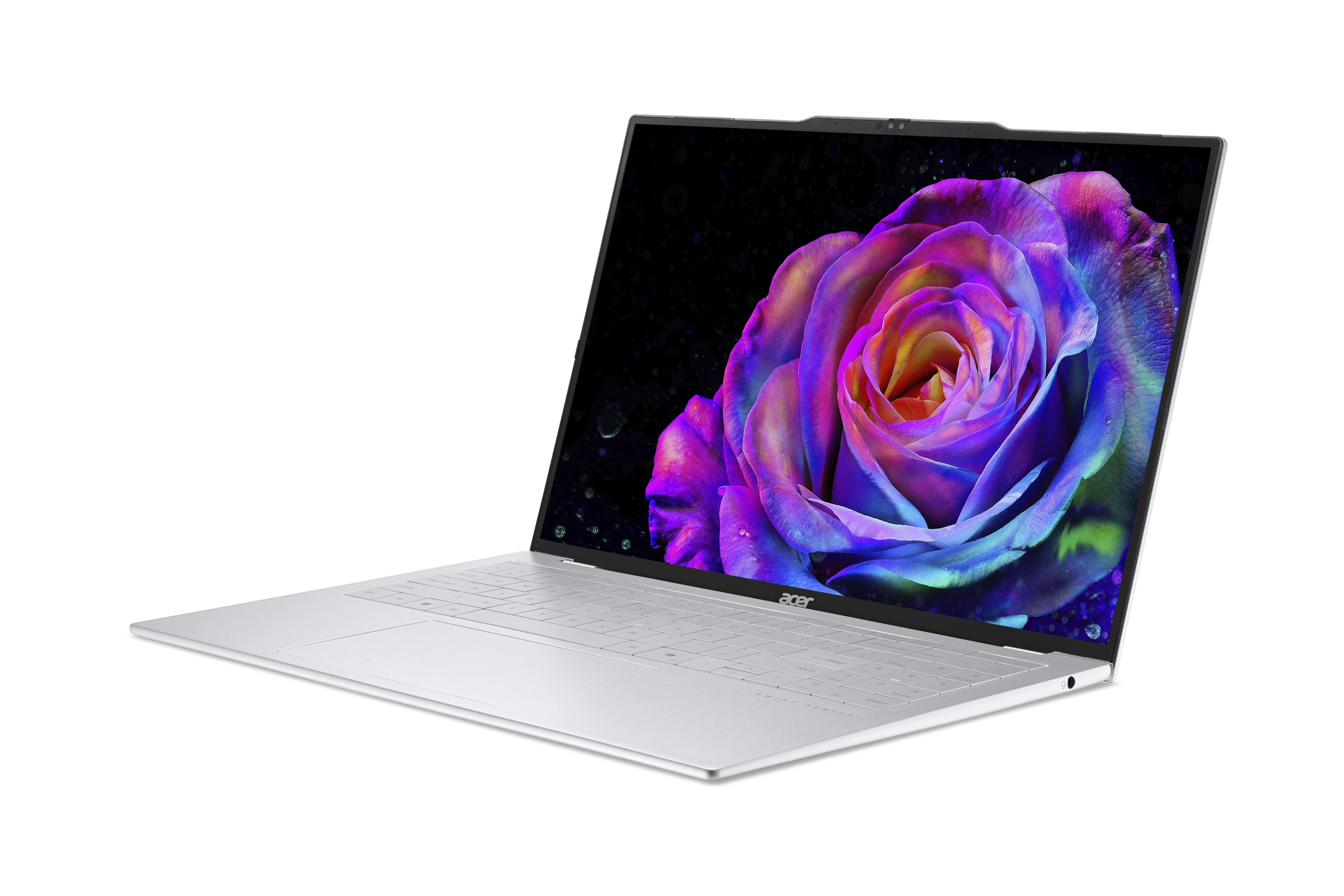 Silberner Laptop mit einer bunten Rose auf dem Bildschirm, schwarzer Hintergrund.