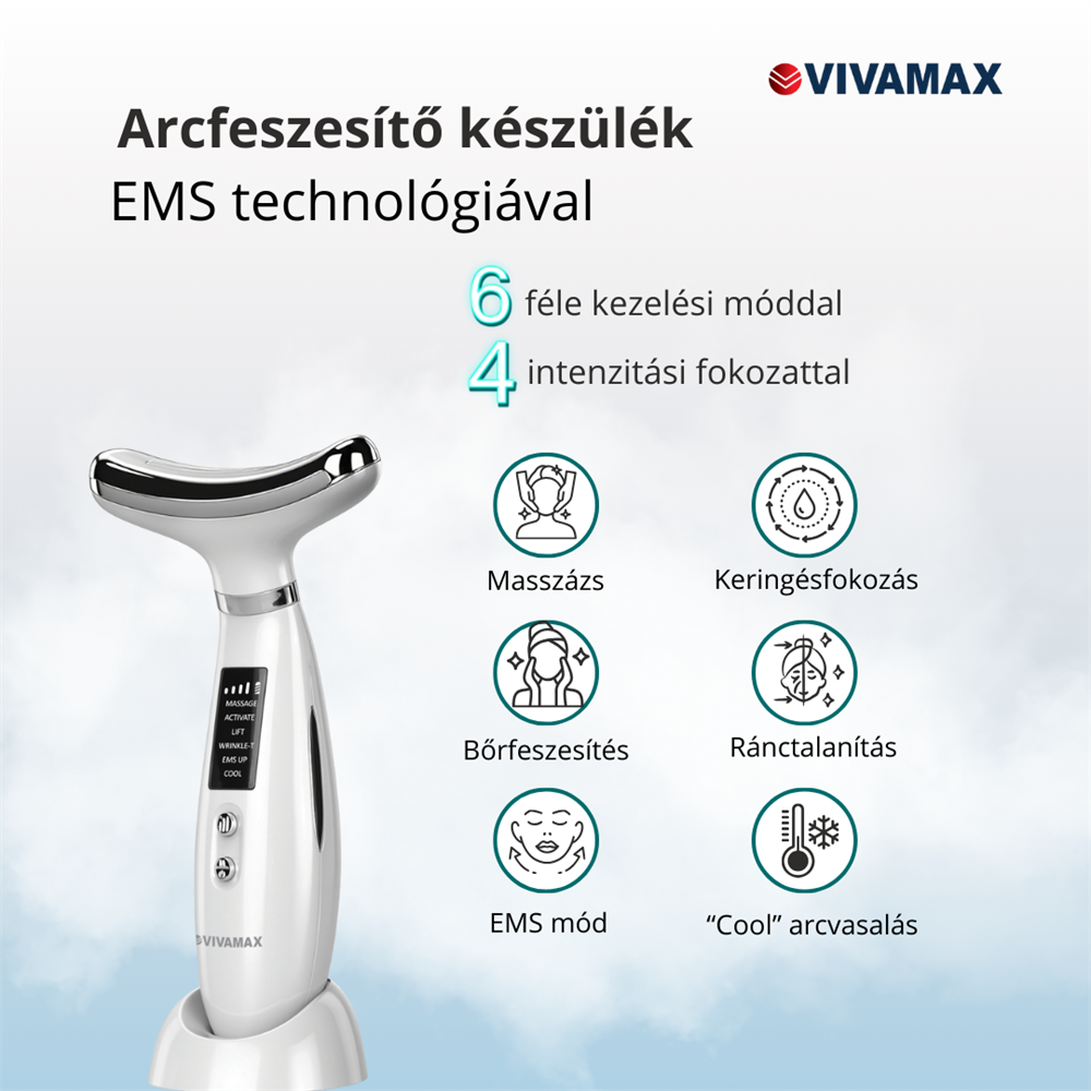 Fehér arckészülék masszázs, bőrfeszesítés és ránctalanítás ikonokkal. A márkanév Vivamax.