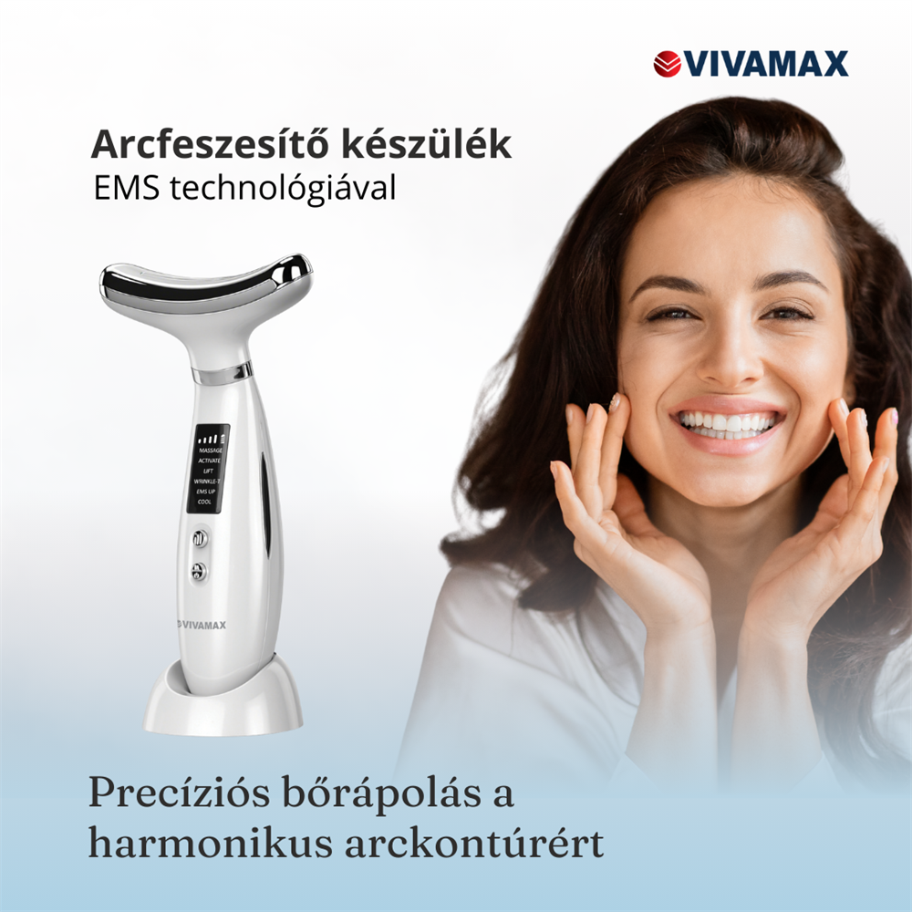 Egy mosolygó nő az arcát fogja. Balra egy fehér arckezelő készülék. Szöveg: arckezelés EMS technológiával.