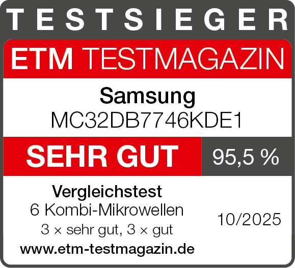 Ein Testsieger-Abzeichen für eine Samsung-Mikrowelle. Es hat den Text 'SEHR GUT' und eine Punktzahl von 95,5 %. Details umfassen Modellnummer und Testinfo.