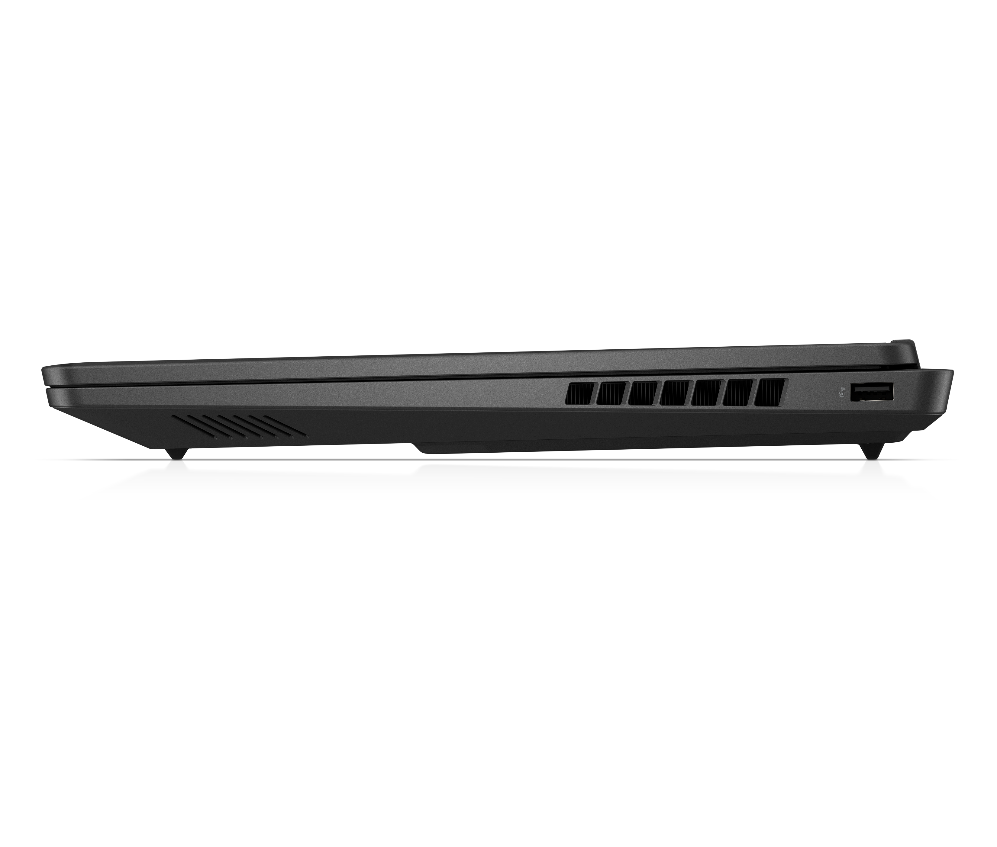 Seitenansicht eines schwarzen Laptops auf schwarzem Untergrund. Lüfter und Anschlüsse sichtbar.