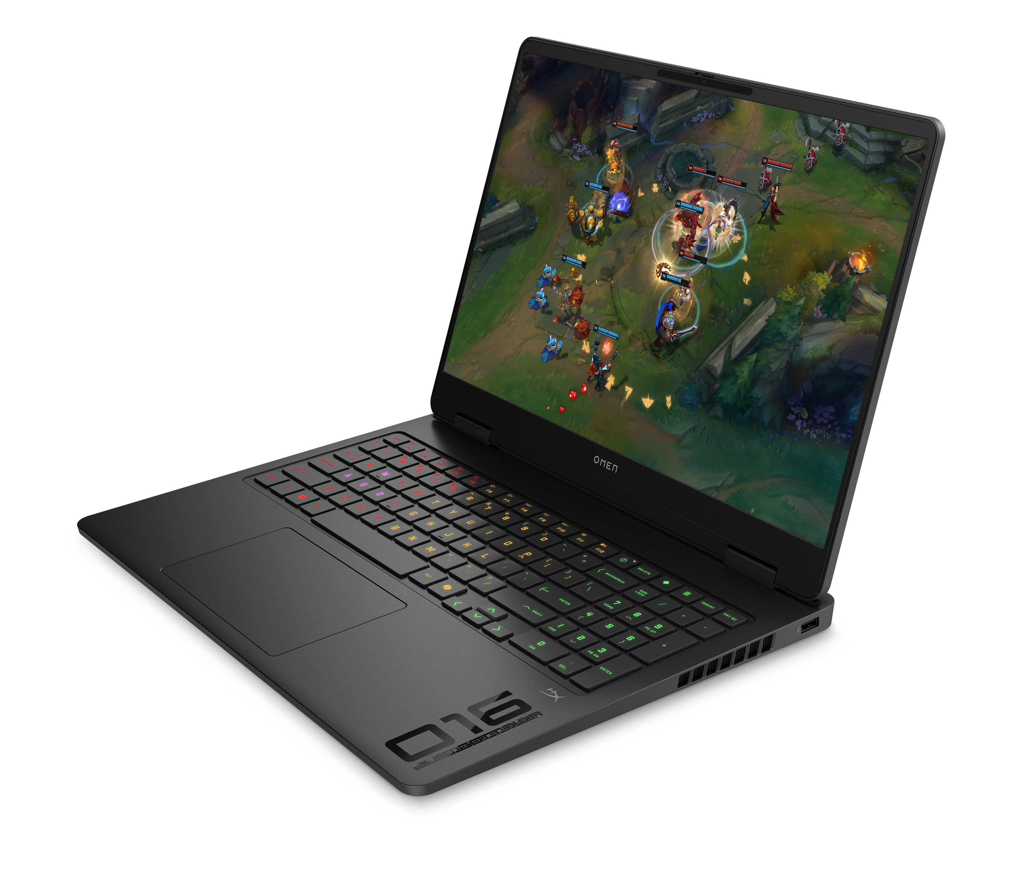 Schwarzer OMEN-Laptop mit Videospiel. Die Tastatur hat farbige Tasten. Schwarzer Hintergrund.