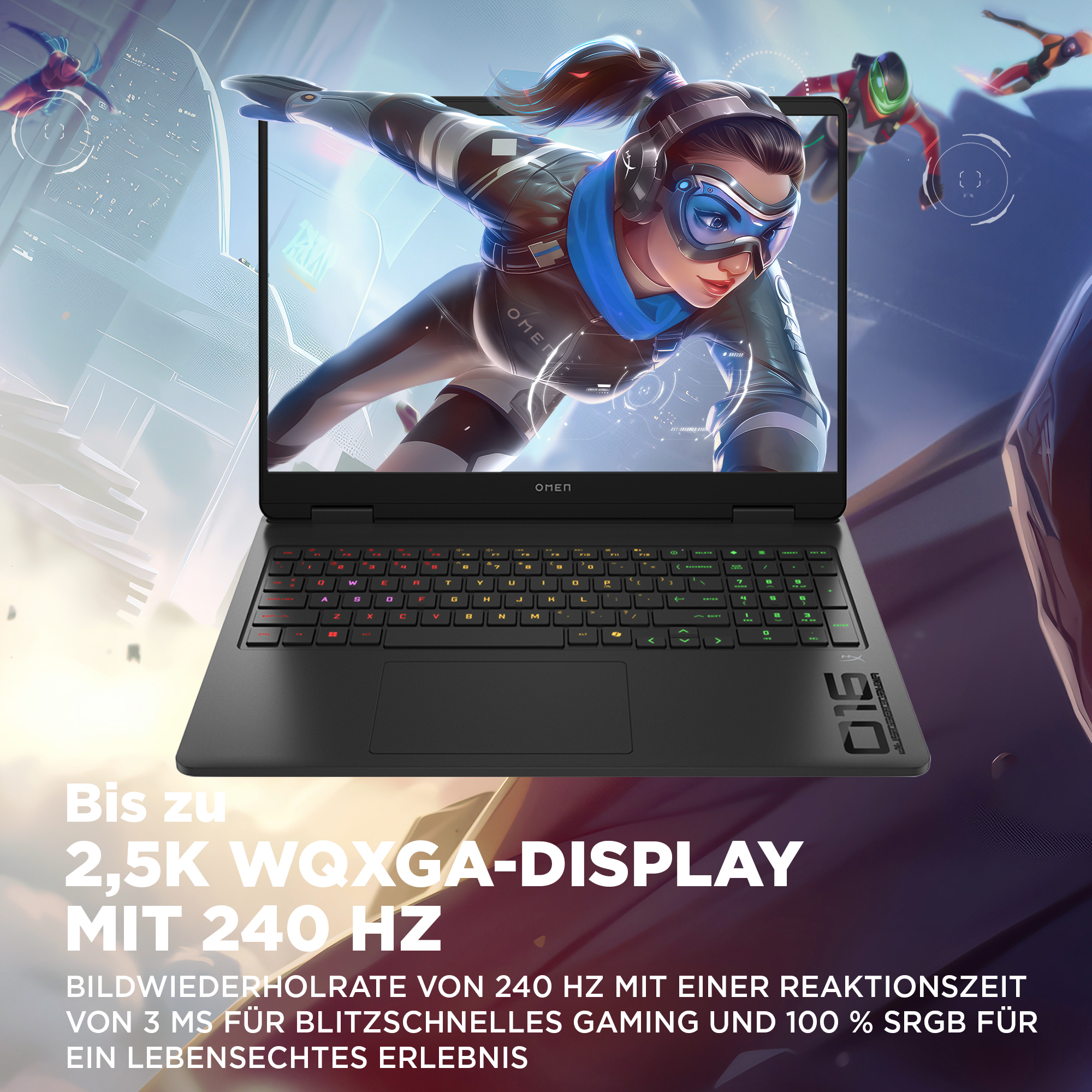 Ein Laptop zeigt eine Frau in einem futuristischen Anzug. Der Laptop hat eine farbenfrohe Tastatur. Text: 2,5K WQXGA-DISPLAY mit 240 Hz.