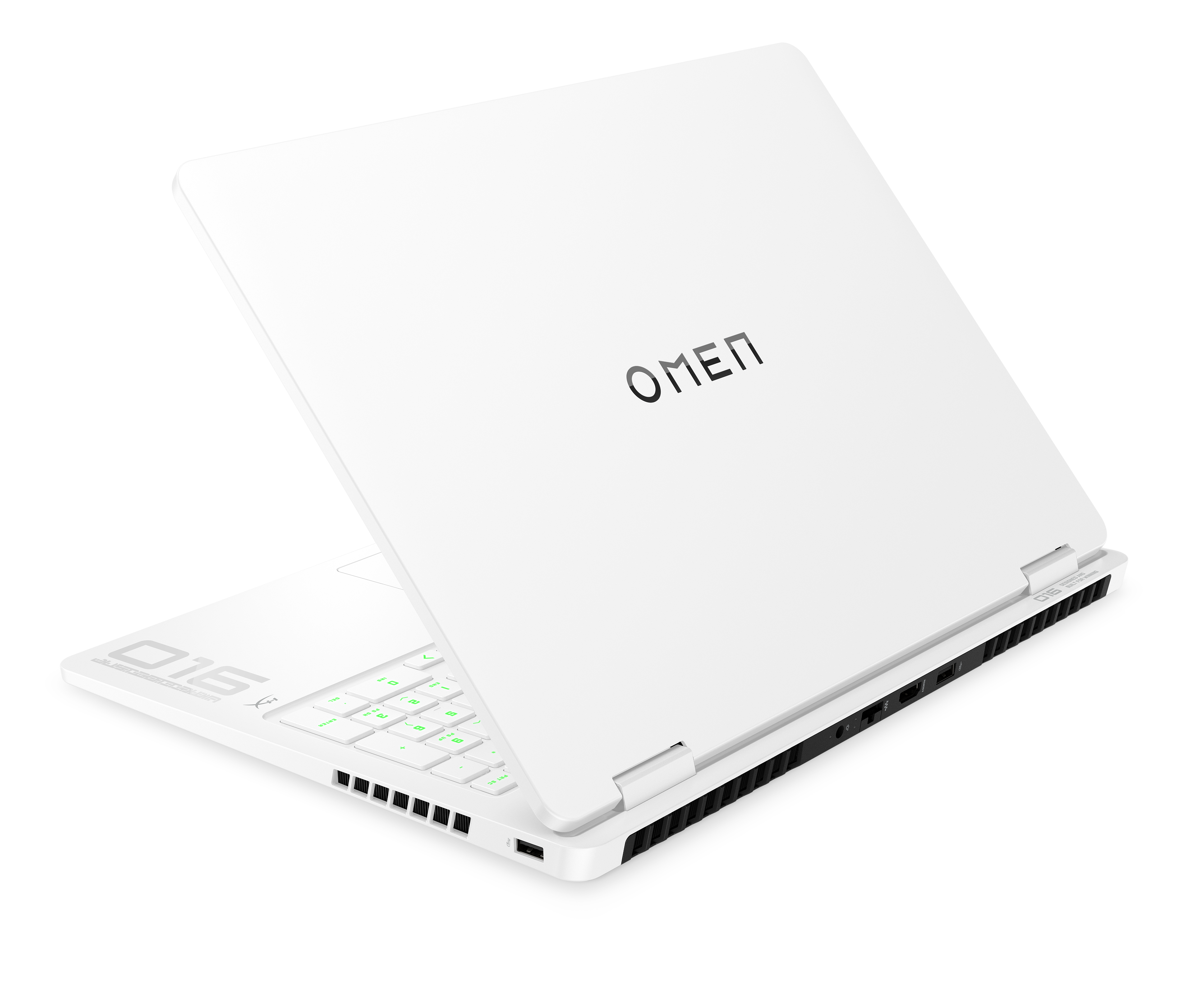 Weißer OMEN-Laptop auf schwarzem Hintergrund, teilweise geöffnet. Tastatur und OMEN-Logo sichtbar.
