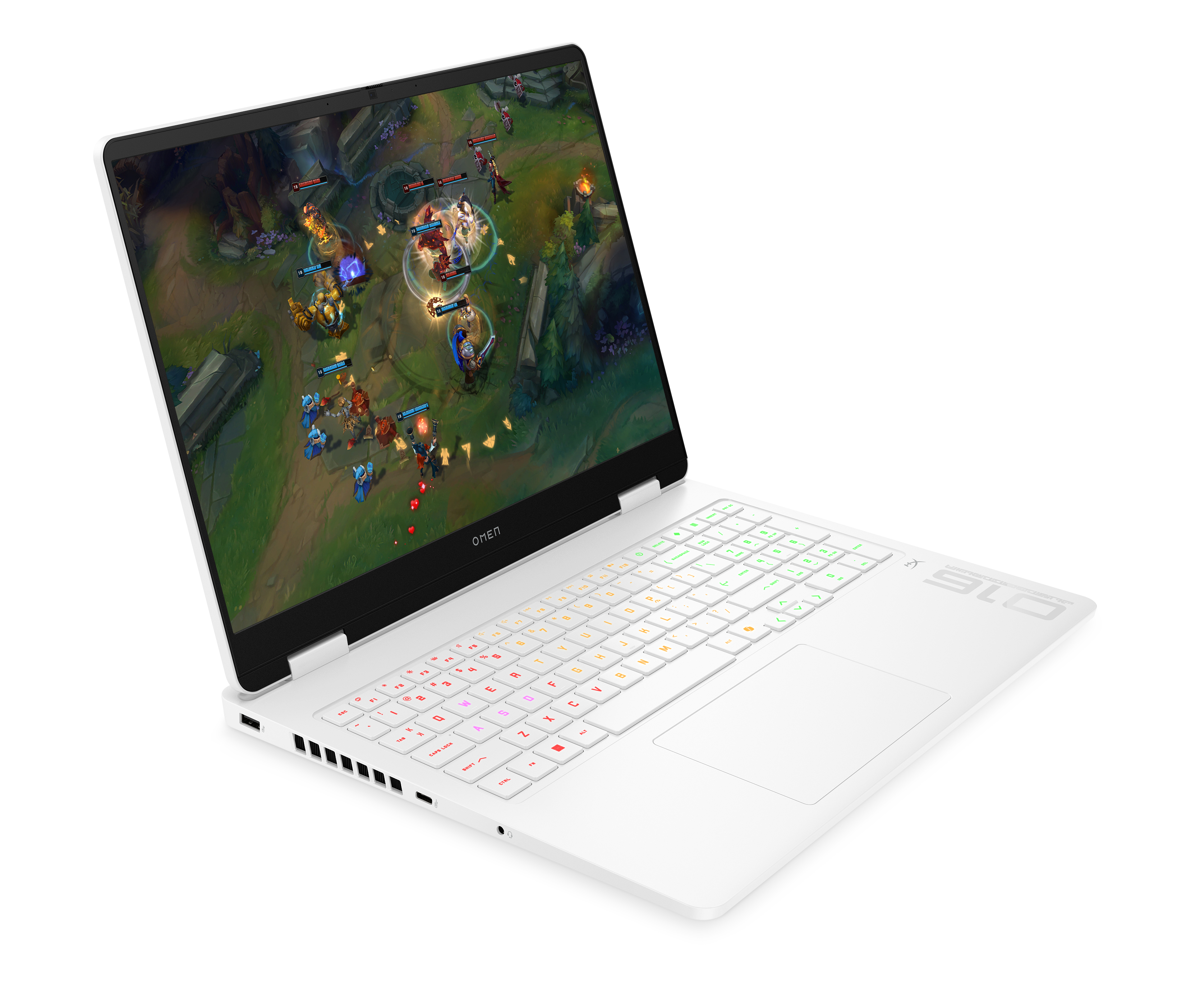 Weißer Laptop mit beleuchteter Tastatur, der eine Spielszene anzeigt. Der Bildschirm zeigt Charaktere im Kampf, dunkler Hintergrund.