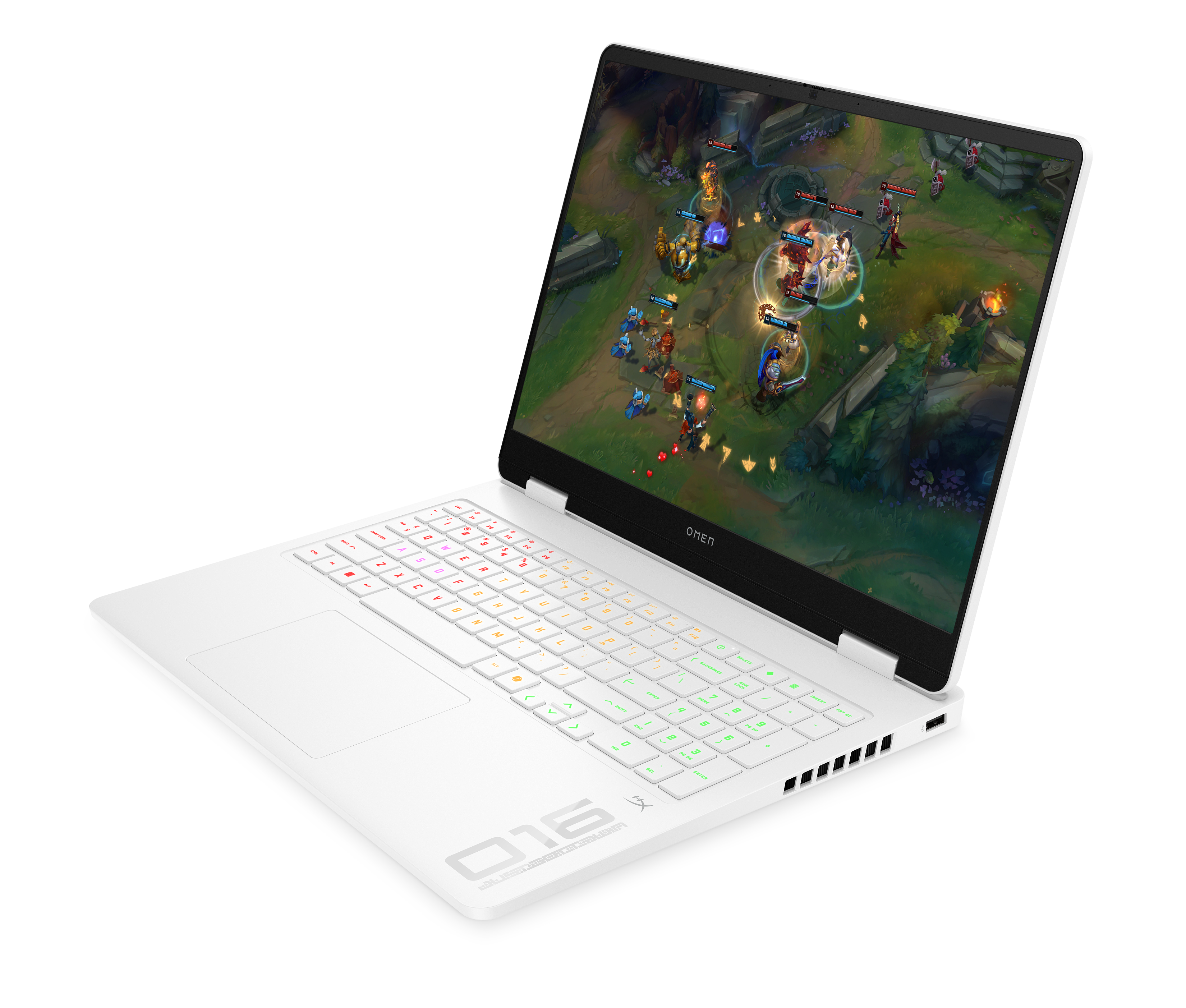 Ein weißer OMEN-Laptop zeigt ein Videospiel. Die Tastatur leuchtet. Der Bildschirm zeigt eine Kampfszene mit Charakteren.