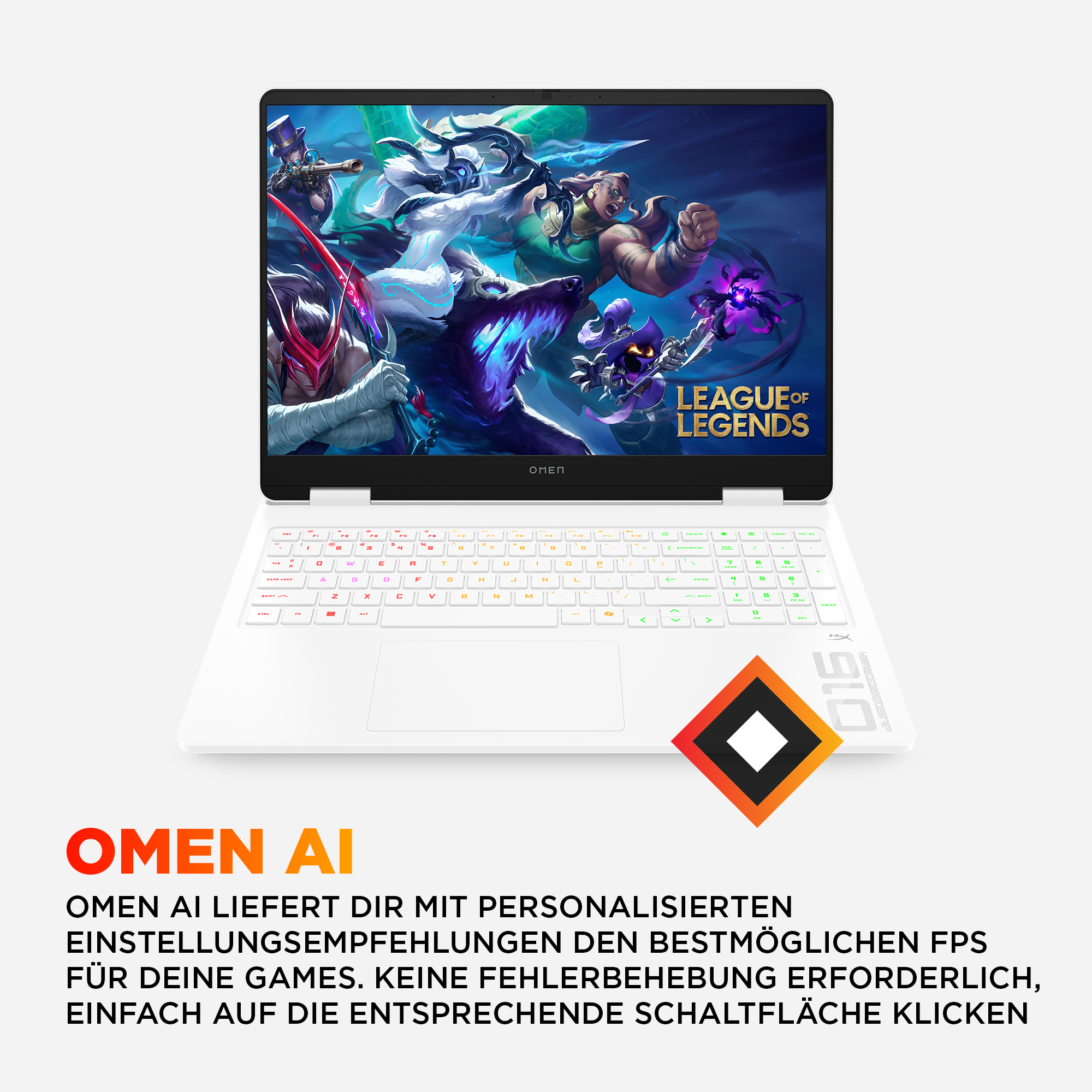 Weißer Laptop zeigt ein Spiel mit Charakteren. Tastatur leuchtet. Omen AI Text steht unter dem Laptop.
