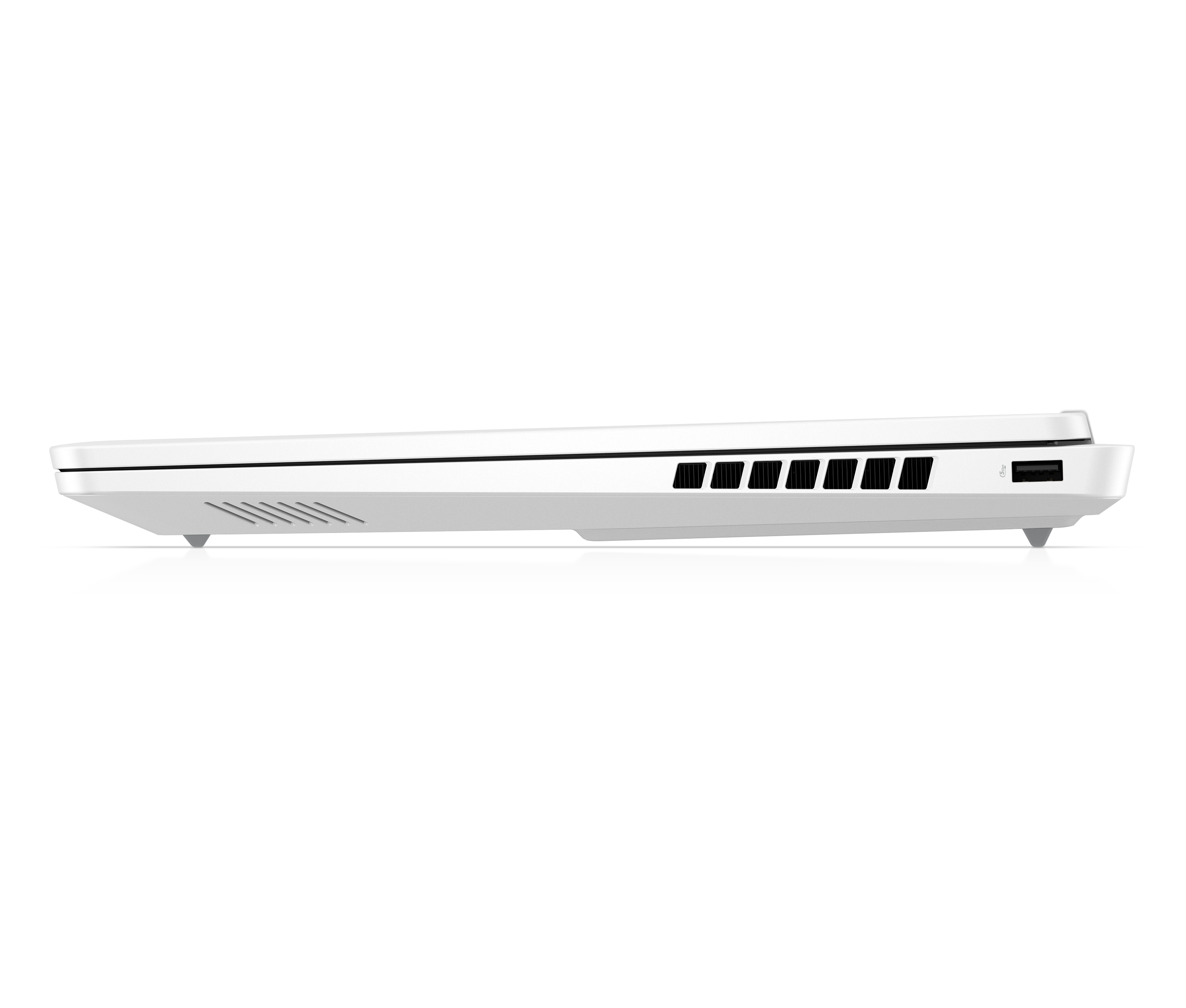 Seitenansicht eines weißen Laptops auf schwarzem Grund. Es hat Lüftungsschlitze, einen USB-Anschluss und ein schlankes Design.