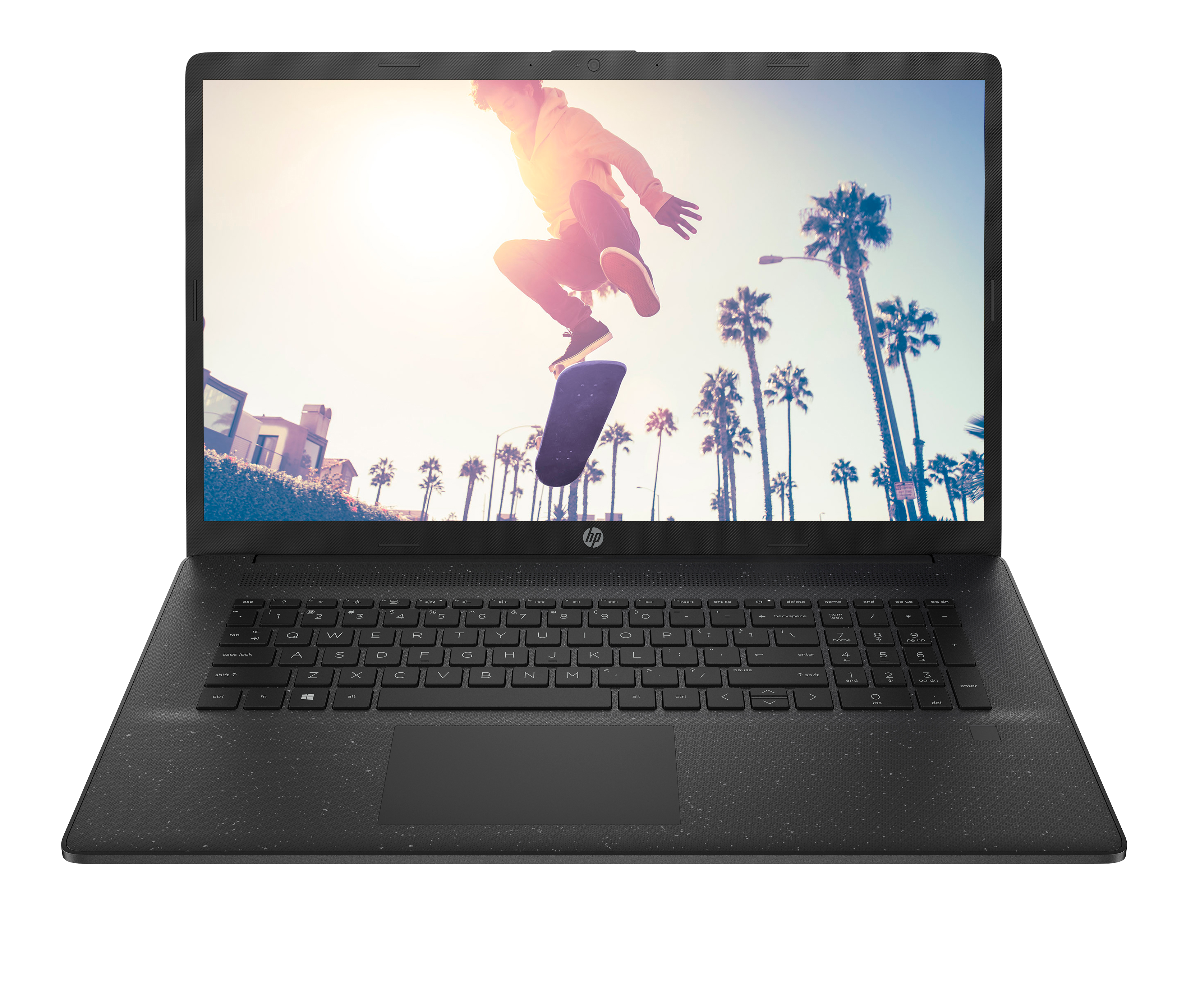 Laptop zeigt eine Person beim Skateboardfahren. Palmen im Hintergrund. Tastatur unter dem Bildschirm sichtbar.