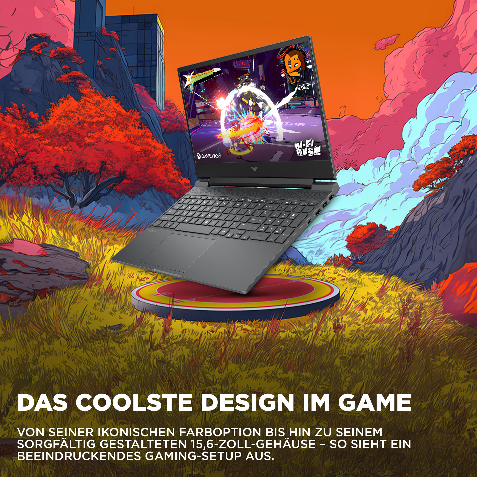 Laptop mit Spielbildschirm. Landschaft mit roten Bäumen und Gebäuden. Laptop steht auf einer Plattform.