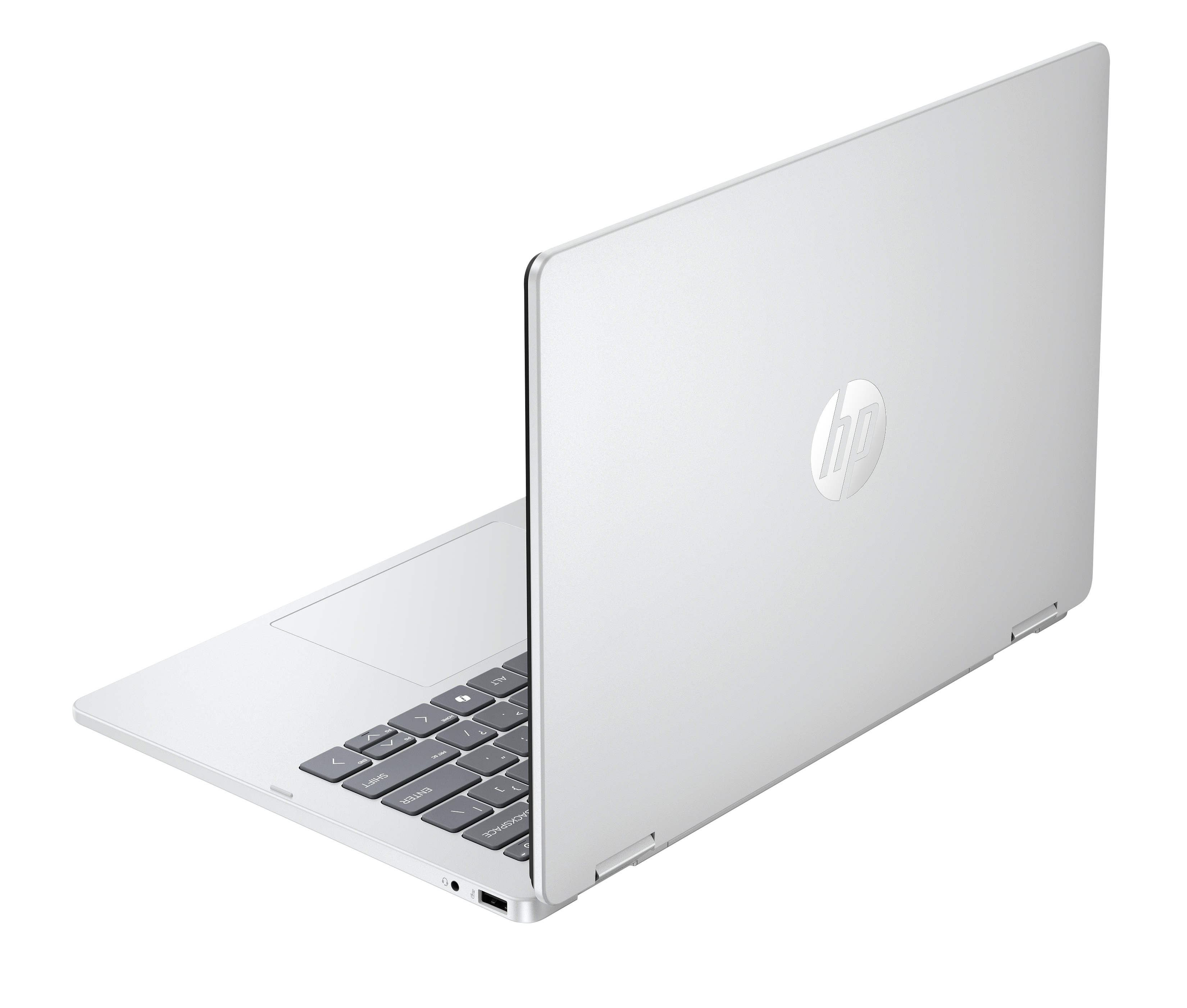 Biały laptop HP jest otwarty na czarnym tle. Ekran jest podniesiony, pokazując logo HP.