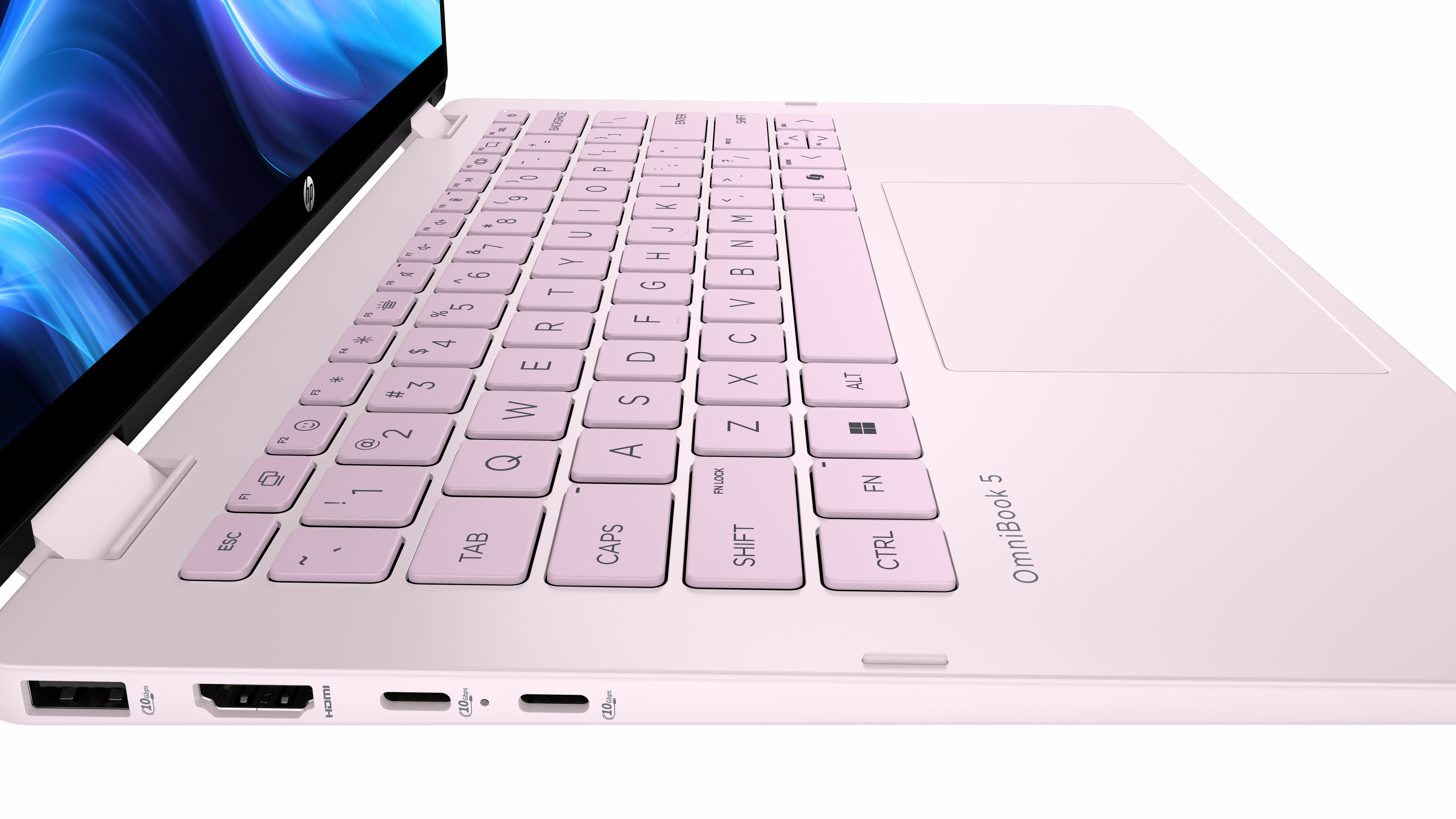 Różowy laptop z klawiaturą i gładzikiem. Ekran wyświetla niebieski i fioletowy wzór. Laptop leży na białej powierzchni.