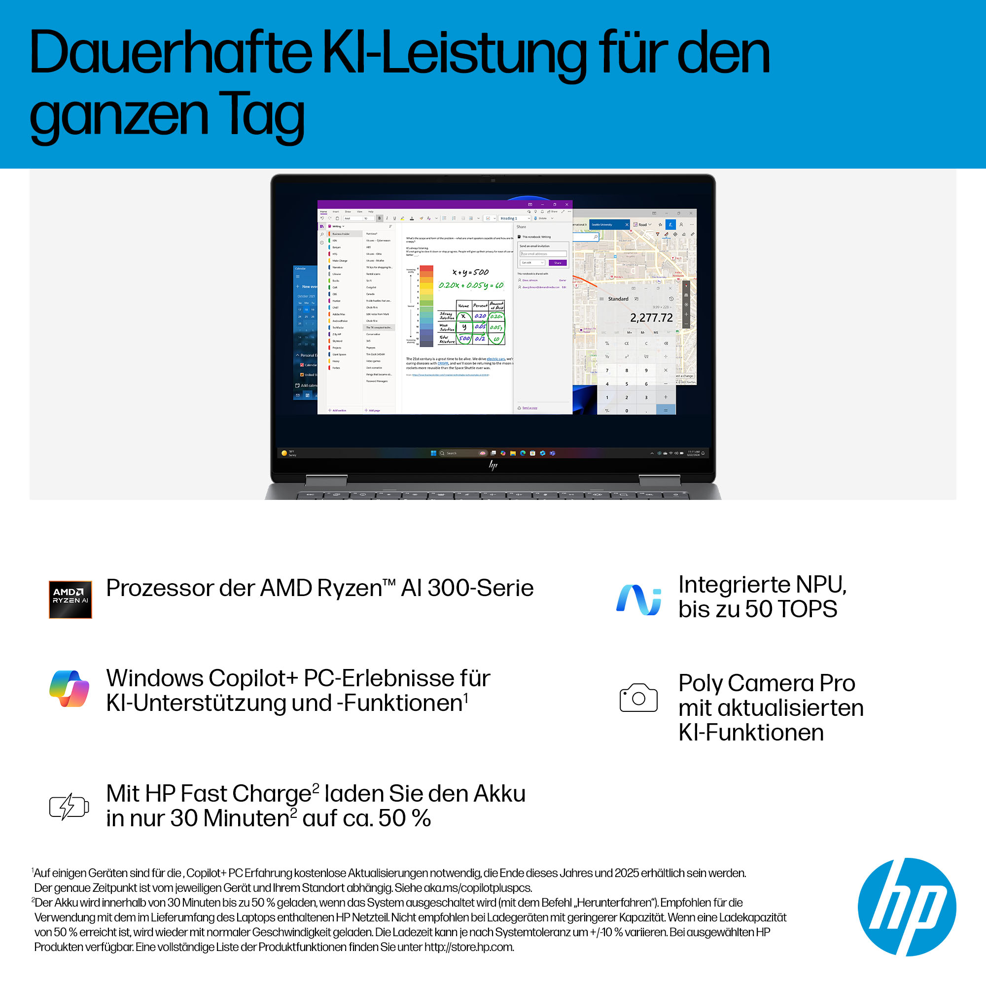 Laptop-Bildschirm zeigt verschiedene offene Anwendungen. Text lautet 'Dauerhafte KI-Leistung' und HP-Logo ist in der Ecke.
