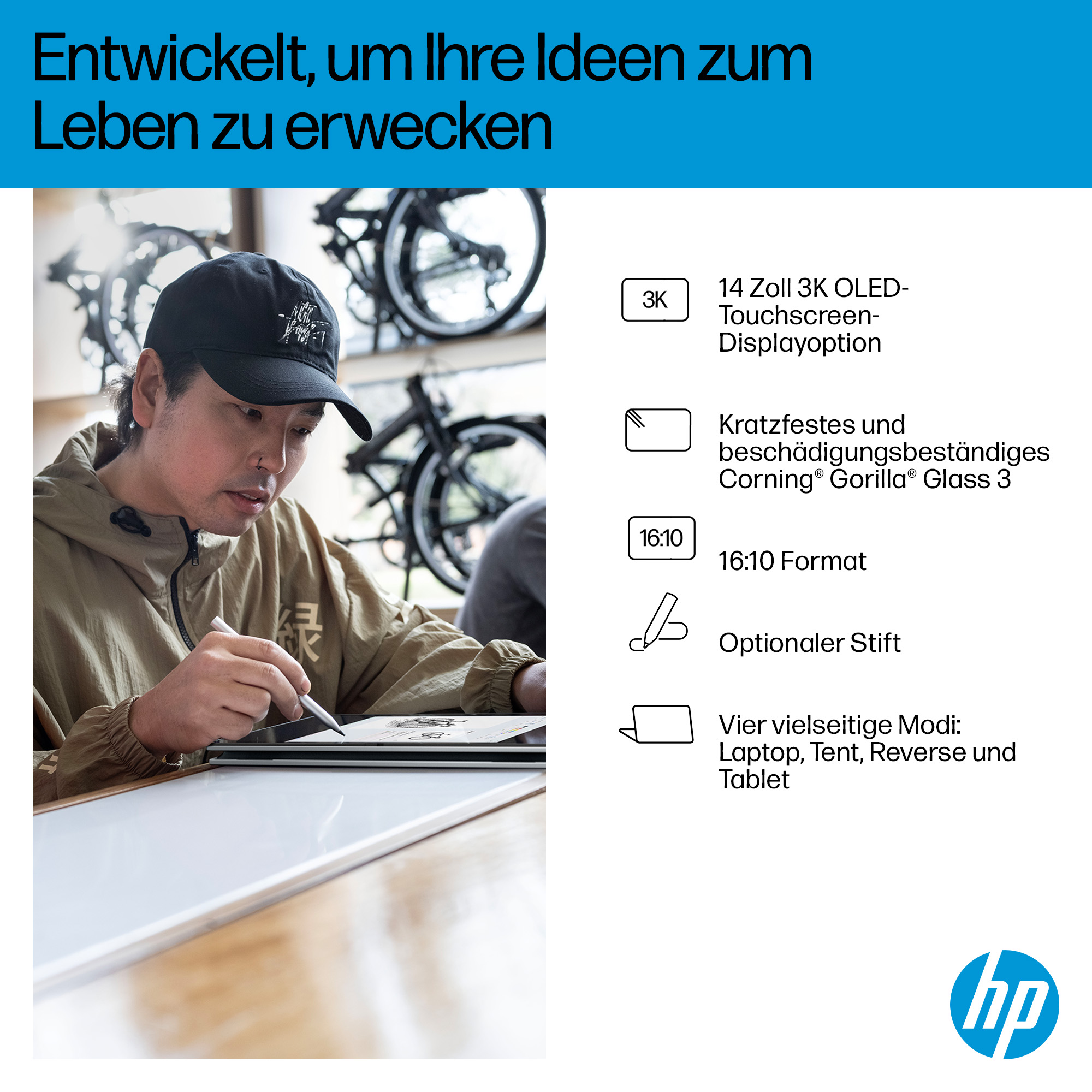 Eine Person zeichnet mit einem Stift auf einem Tablet. Der Hintergrund zeigt Fahrradräder.