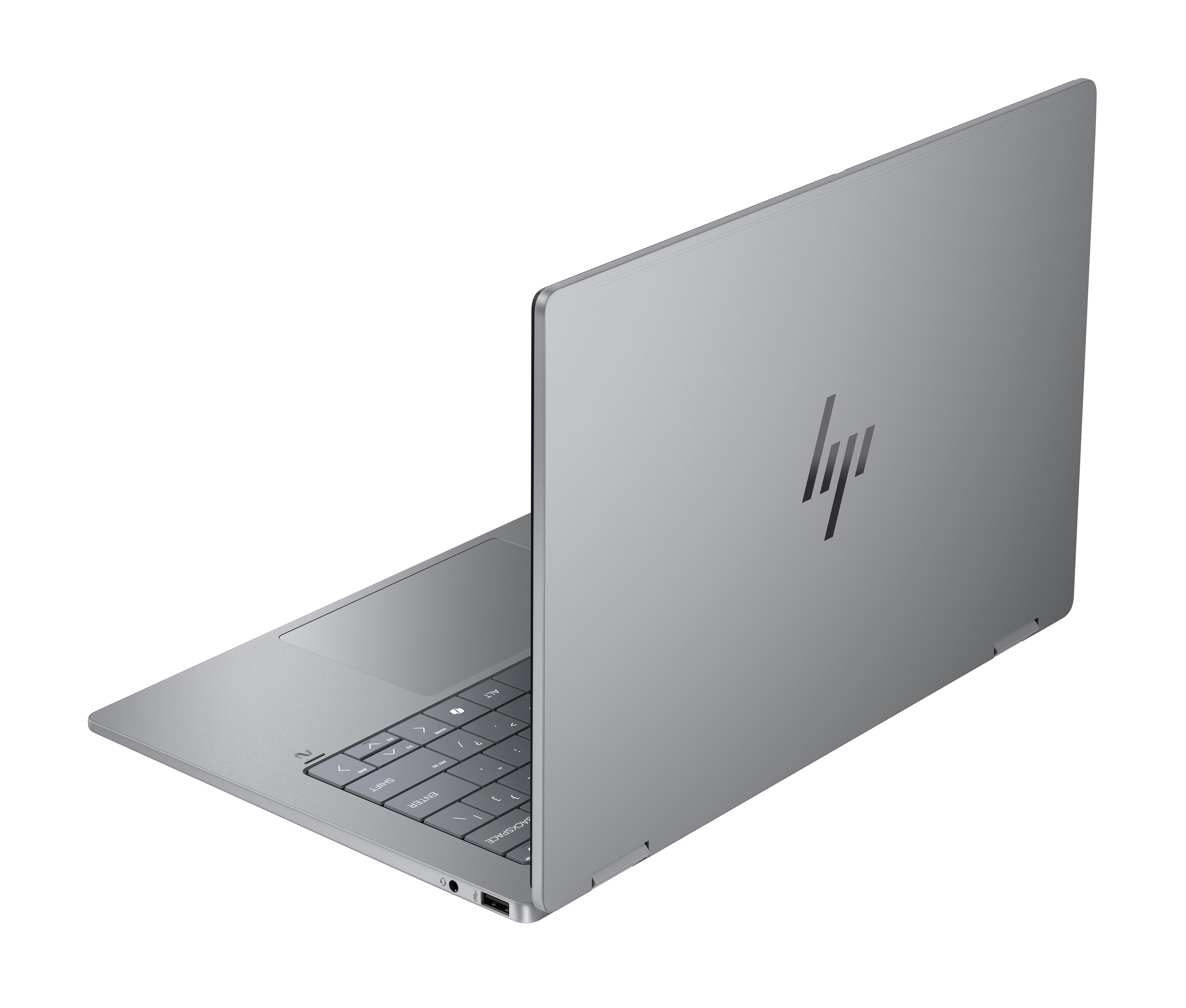 Silberner Laptop, in einem Winkel geöffnet, mit Tastatur und HP-Logo auf dem Deckel, vor schwarzem Hintergrund.