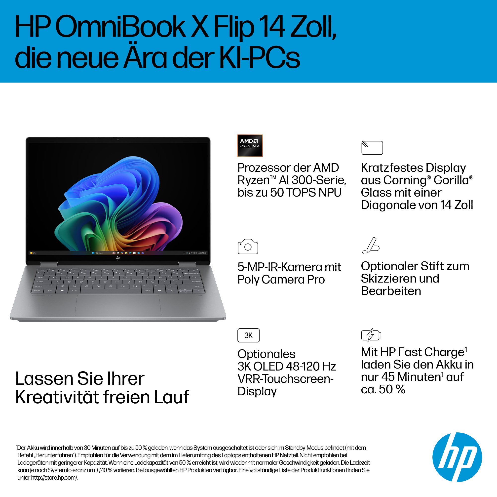 HP OmniBook Laptop mit farbenfrohem Bildschirm, Prozessor, Display, Kamera, Stift und HP-Logo.