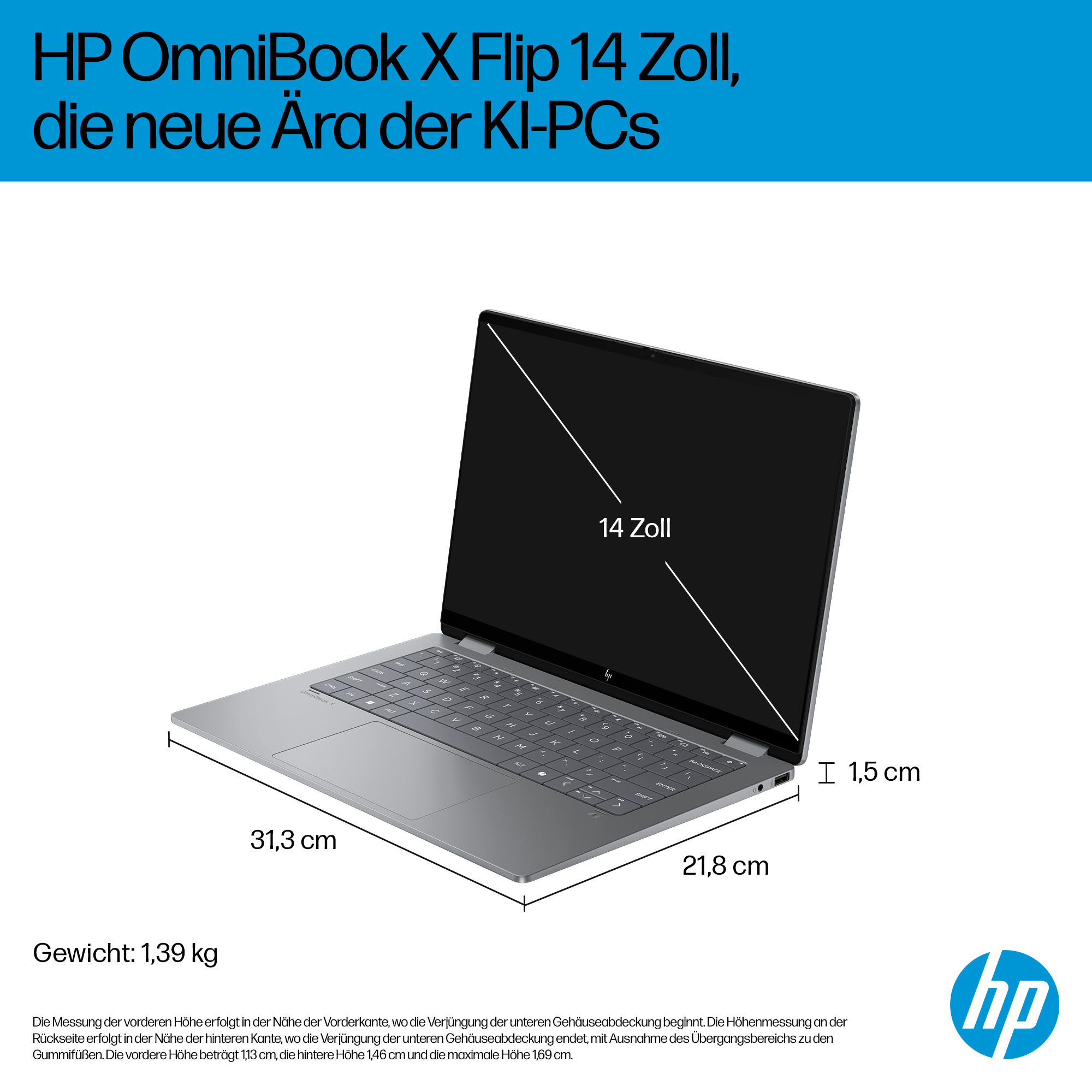 Silberner HP OmniBook Laptop mit schwarzem Bildschirm. Abmessungen und Gewicht werden angezeigt. HP-Logo unten rechts.