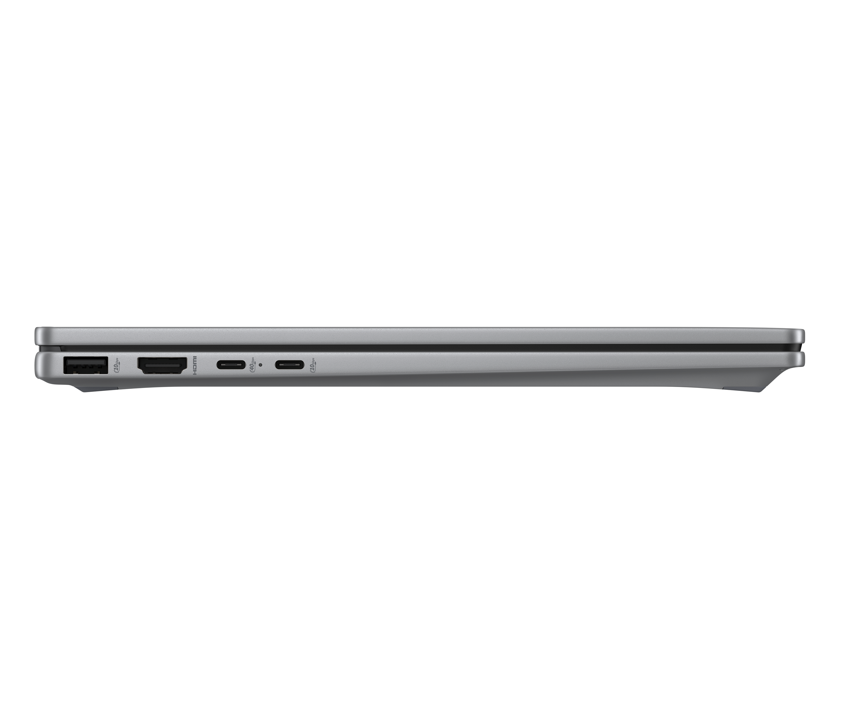 Seitenansicht eines silbernen Laptops. Anschlüsse umfassen USB, HDMI und USB-C. Schwarzer Hintergrund.