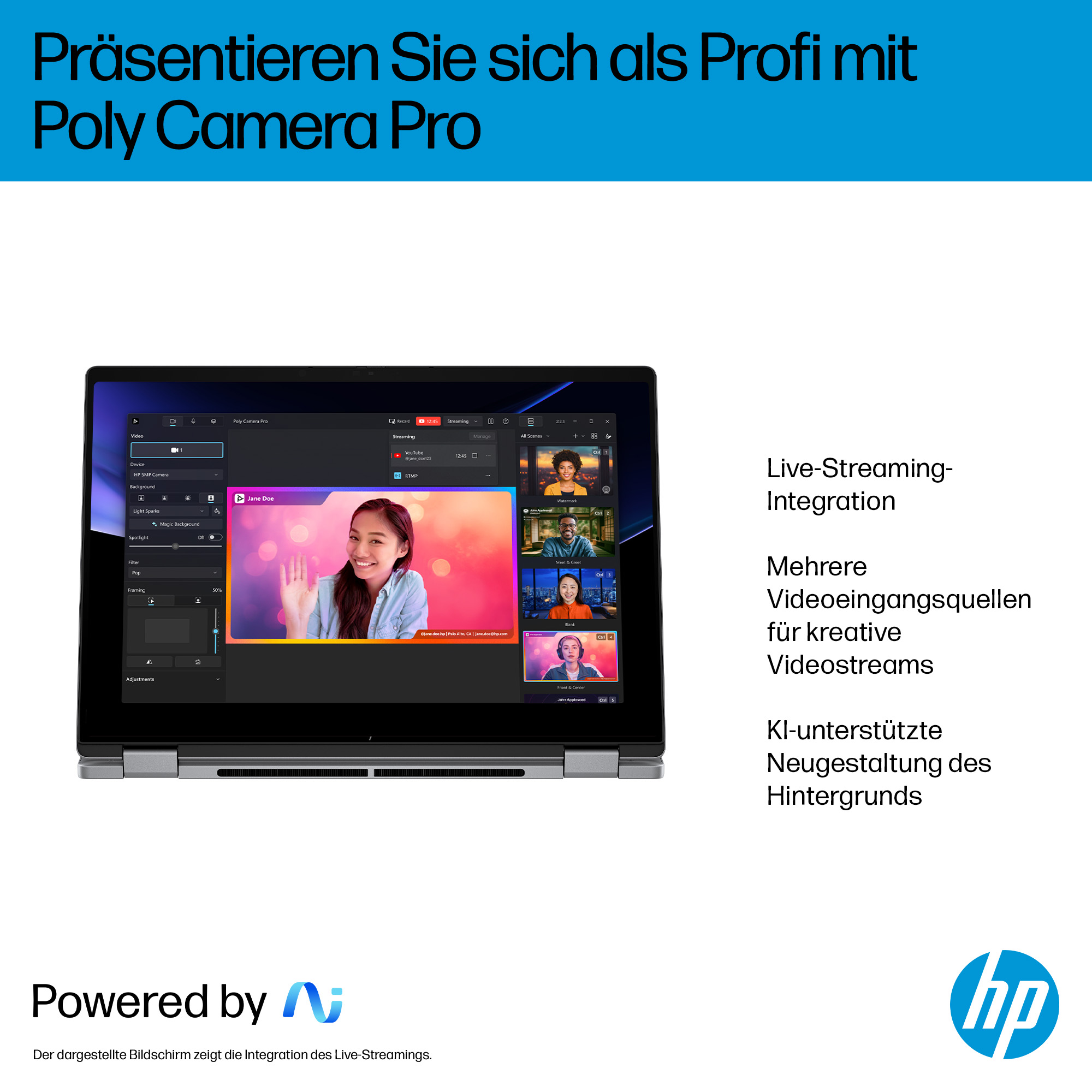 Laptop-Bildschirm mit Videoanruf-Oberfläche, eine winkende Frau auf dem Bildschirm. Text und HP-Logo sind sichtbar.