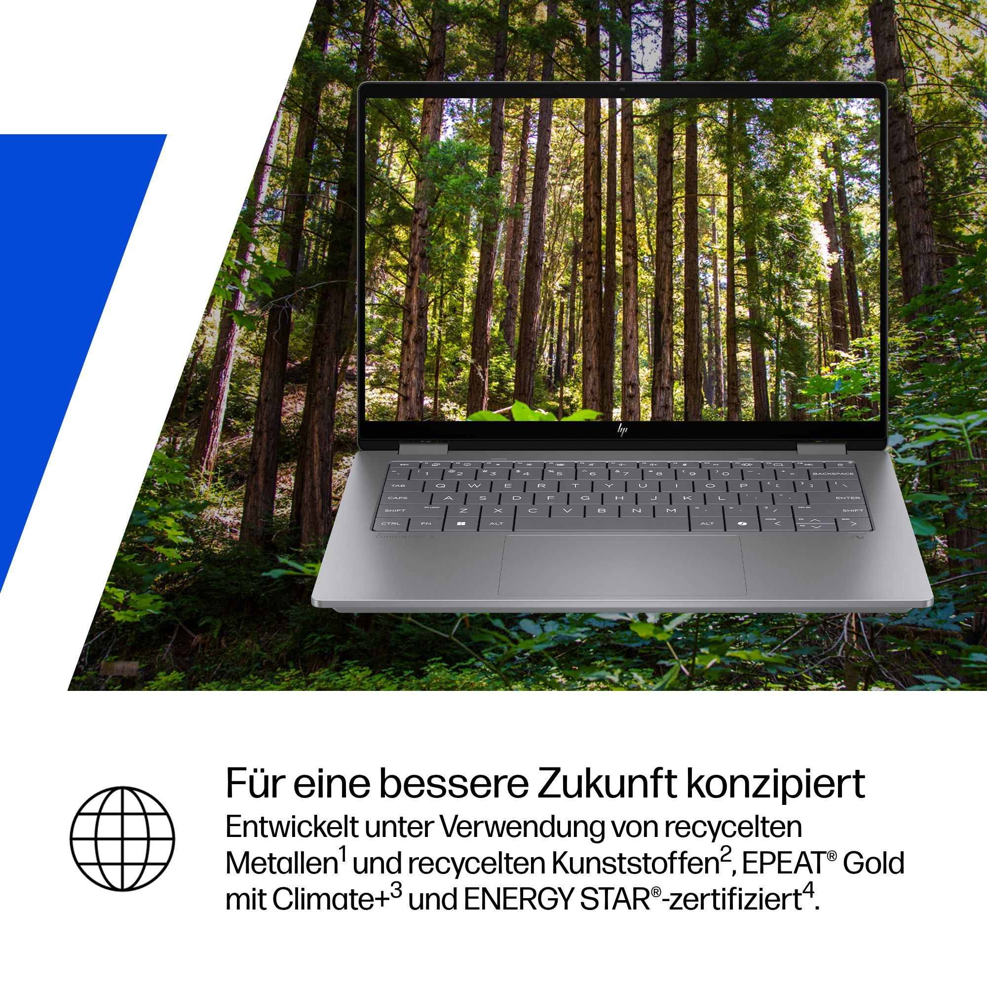 Laptop zeigt Wald. Tastatur sichtbar, Text unten. Text: Für eine bessere Zukunft konzipiert.