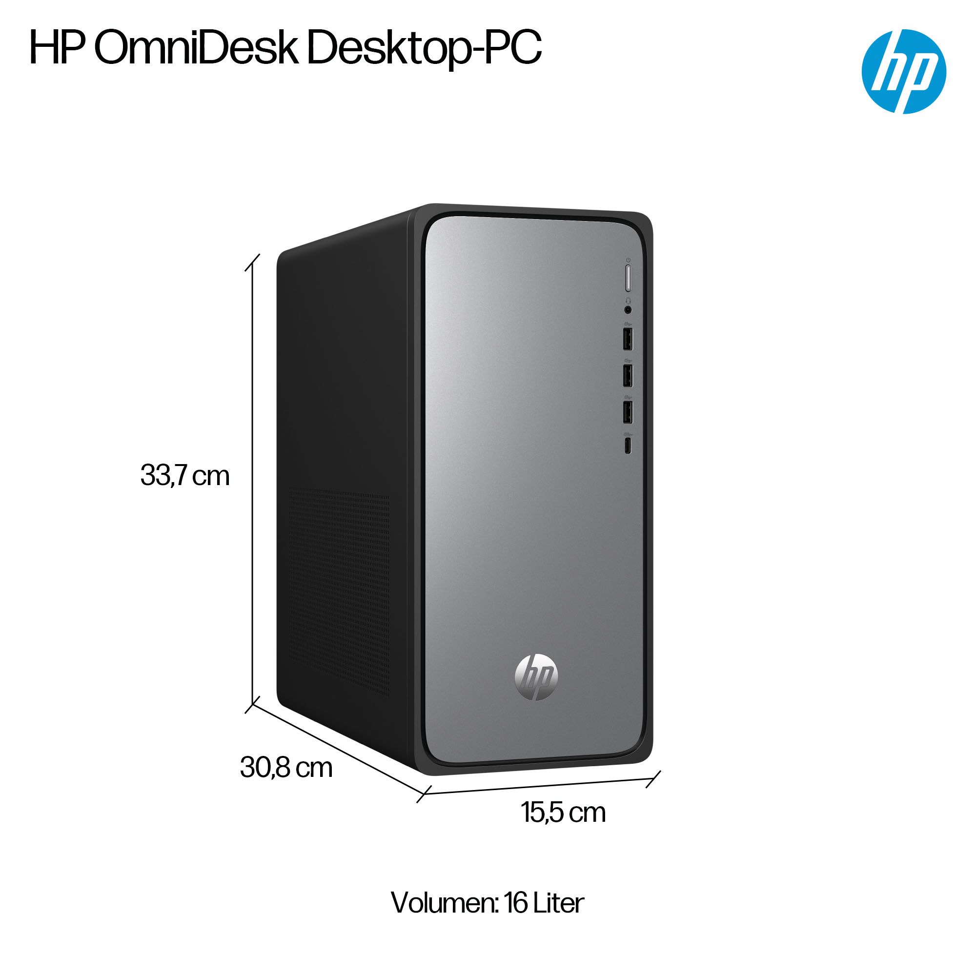Ein HP OmniDesk Desktop-PC mit angegebenen Abmessungen. Er ist schwarz und grau mit dem HP-Logo. Das Volumen beträgt 16 Liter.