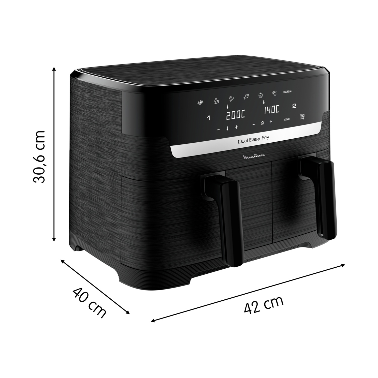 Una friggitrice ad aria nera Moulinex Dual Easy Fry. Dimensioni: 40x42x30,6 cm. Ha display digitale e due maniglie.