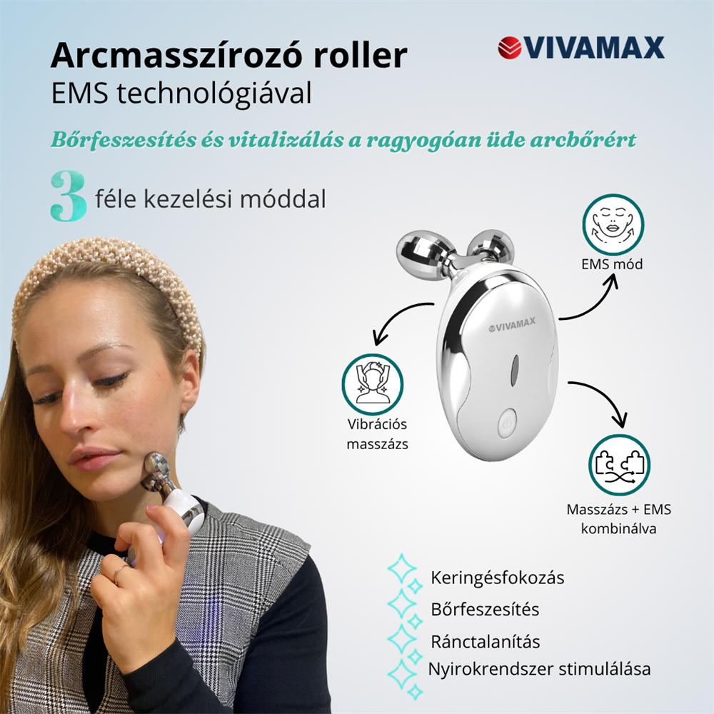 Nő arcmasszírozót használ. A kép a masszírozót és annak funkcióit mutatja. A magyar szöveg a termék előnyeit írja le.