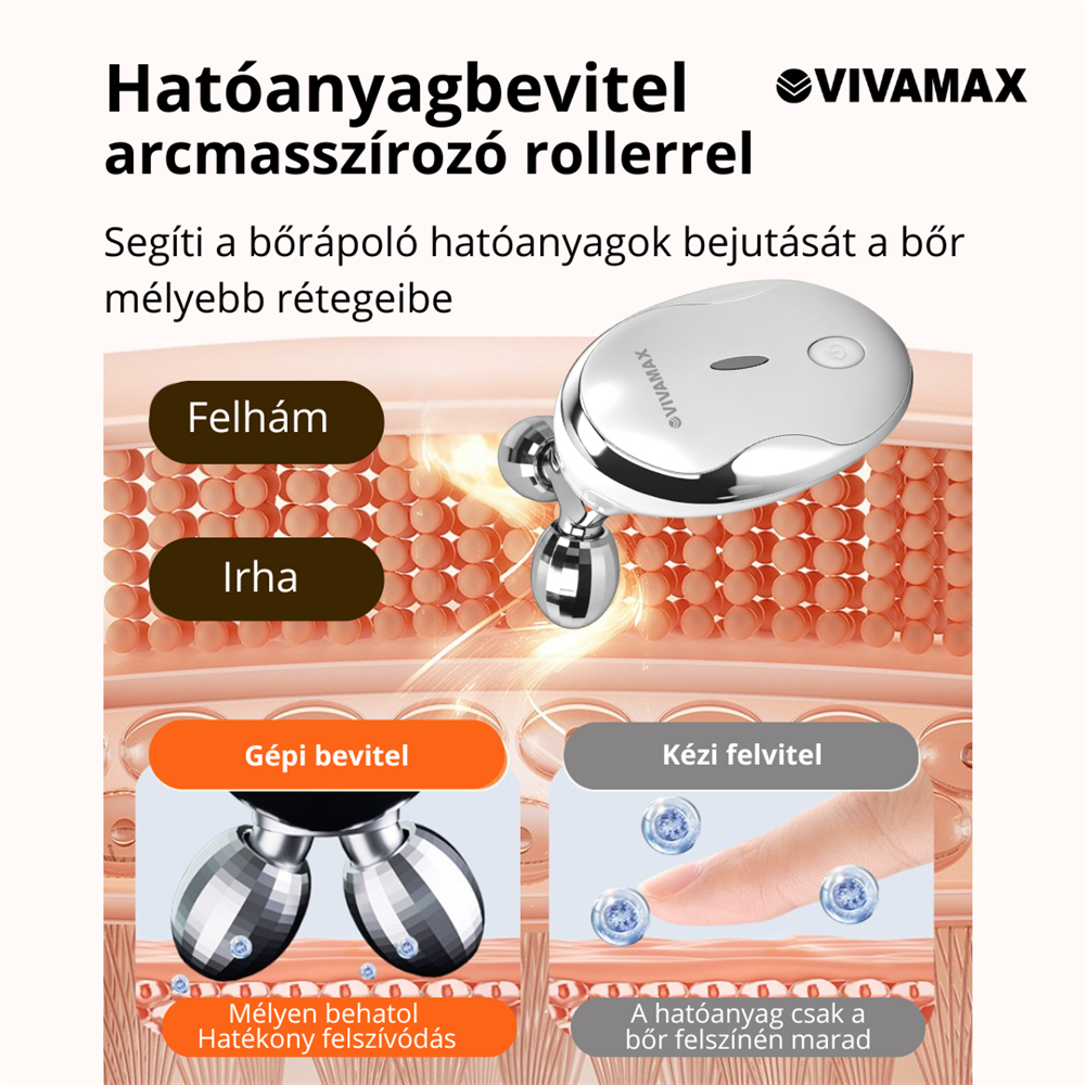 A kép egy bőrápoló terméket mutat, hengerrel, bőrrétegekkel és magyar nyelvű szöveggel a mély felszívódás vs. felületi alkalmazásról.