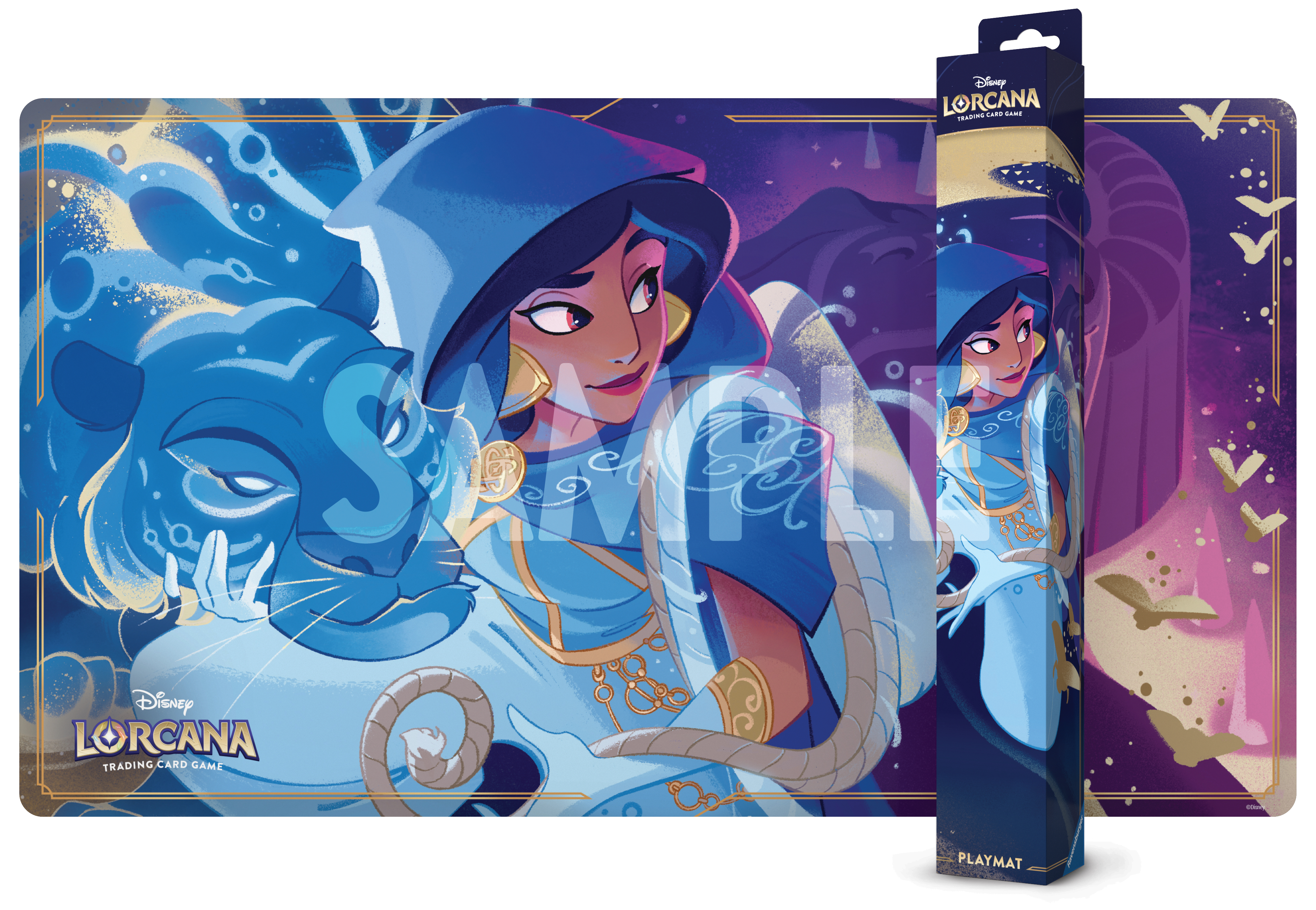 Jasmine mit einem Tiger in Blautönen auf einer Spielmatte und Box. Der Hintergrund ist lila mit goldenen Akzenten.