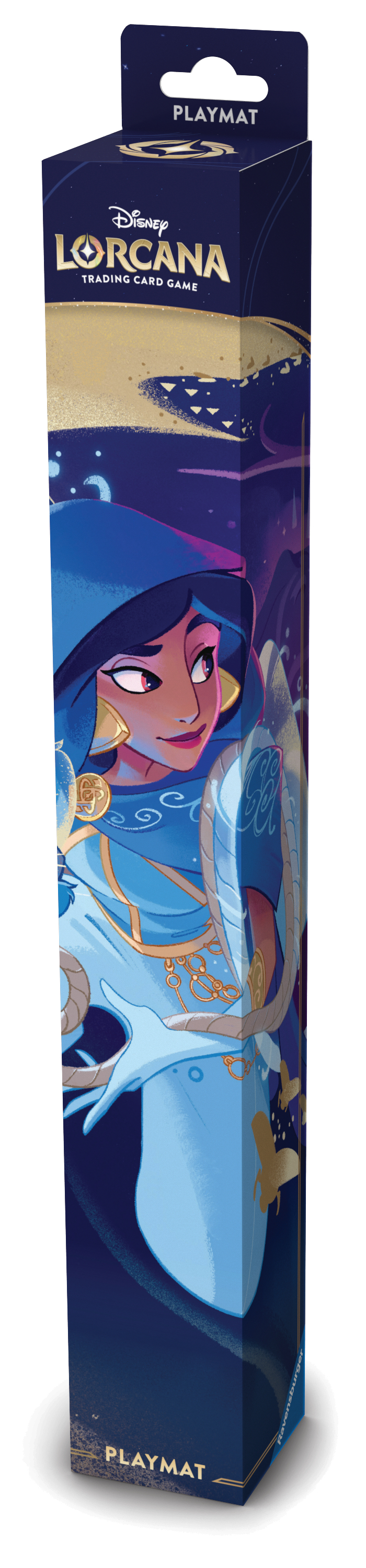 Schachtelkunst zeigt Jasmin aus Disneys Aladdin. Sie trägt ein blaues Outfit vor einem dunkelblauen Hintergrund mit goldenen Akzenten.