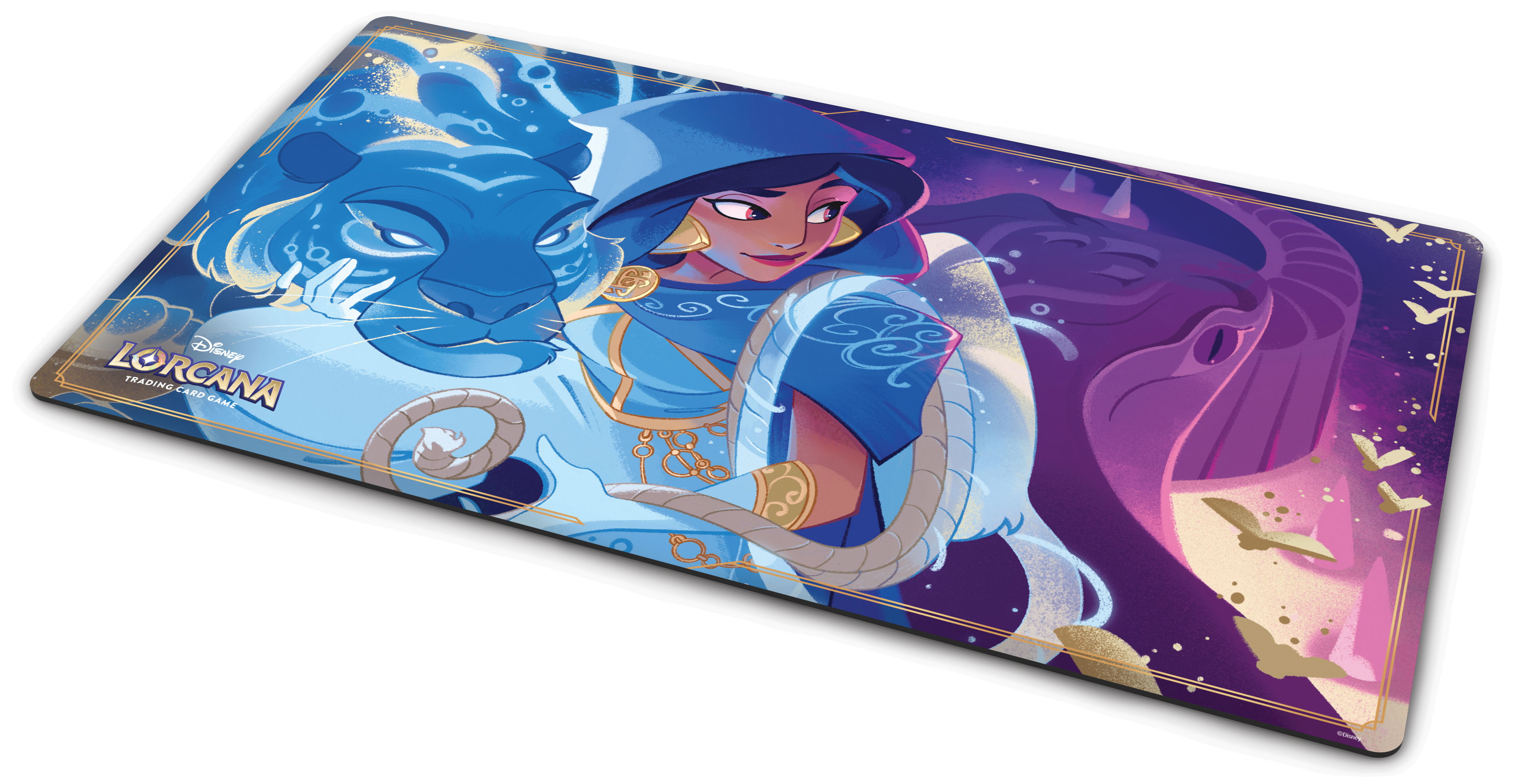 Jasmine mit blauem Tiger und lila Drachen auf einer Spielmatte. Goldakzente und Disney Lorcana Logo.