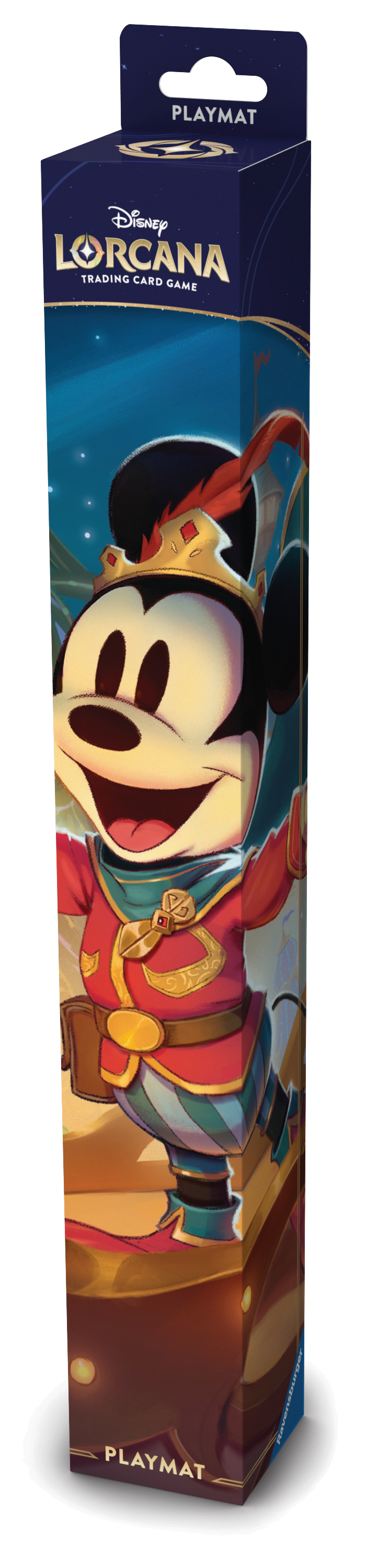 Boxkunst zeigt Micky Maus in einem rot-goldenen Outfit. Die Box ist für eine Disney Lorcana Trading Card Game Spielmatte.