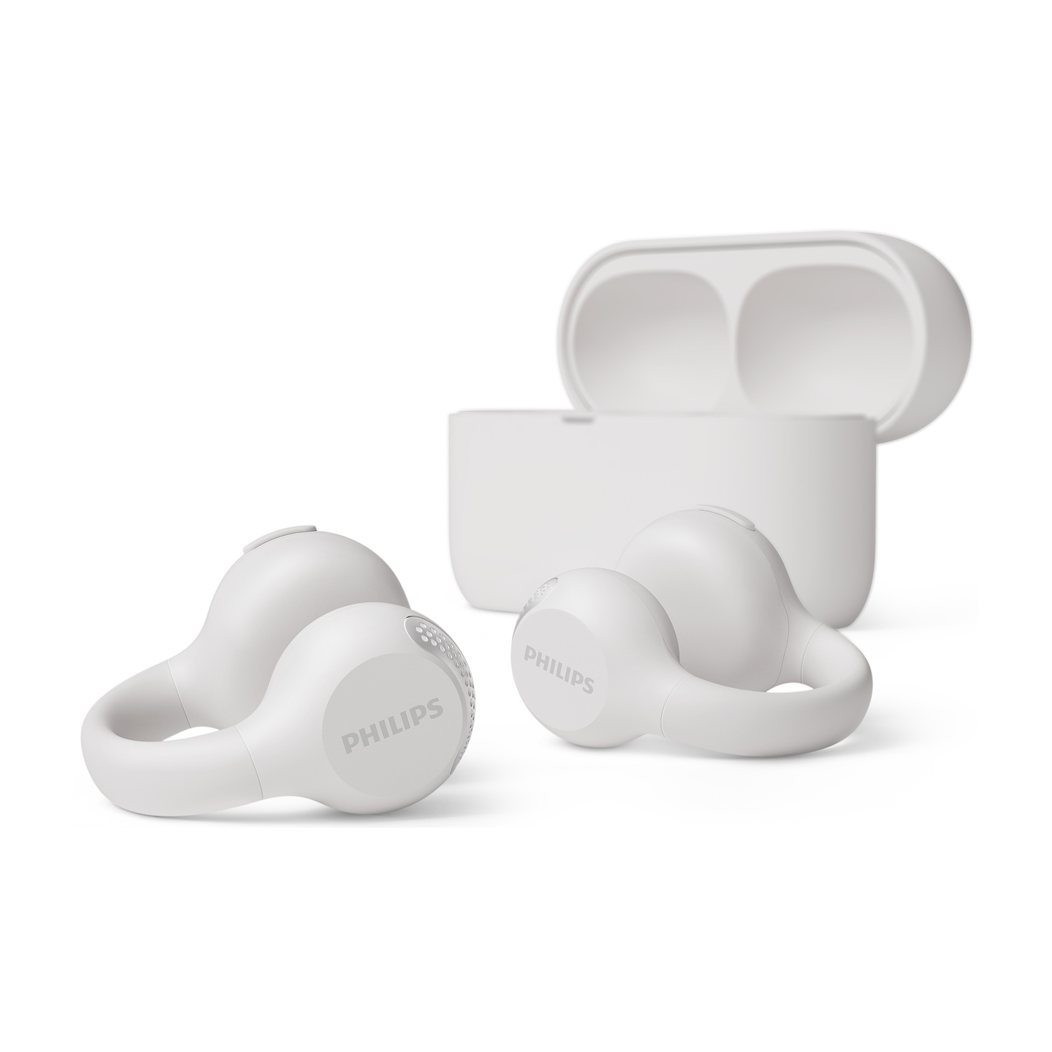 Auricolari e custodia di ricarica Philips bianchi su sfondo bianco. Sono visibili due auricolari e la custodia aperta.
