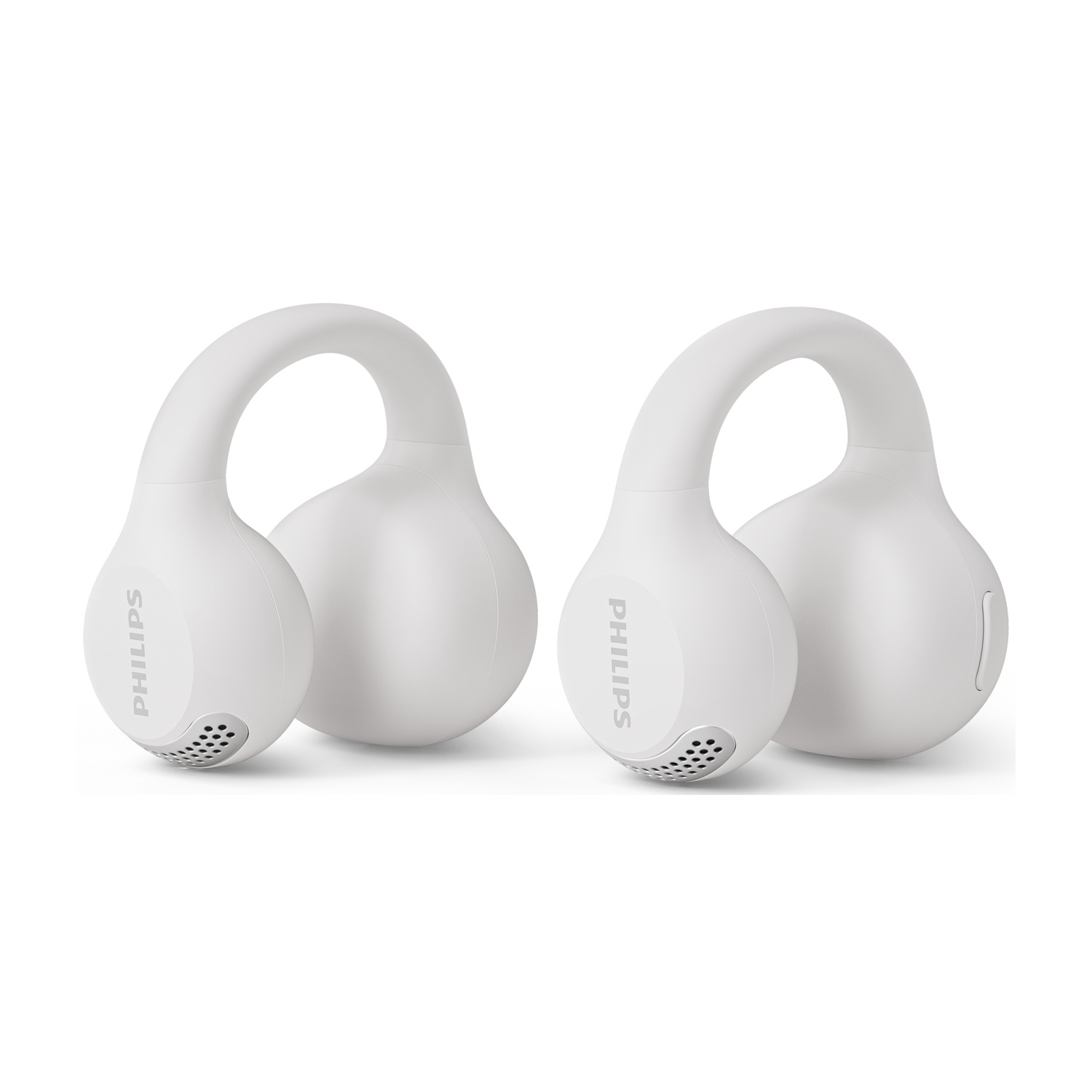 Due cuffie Philips bianche. Ognuna ha un design curvo sopra l'orecchio. Il marchio è stampato sull'auricolare. Sfondo bianco.