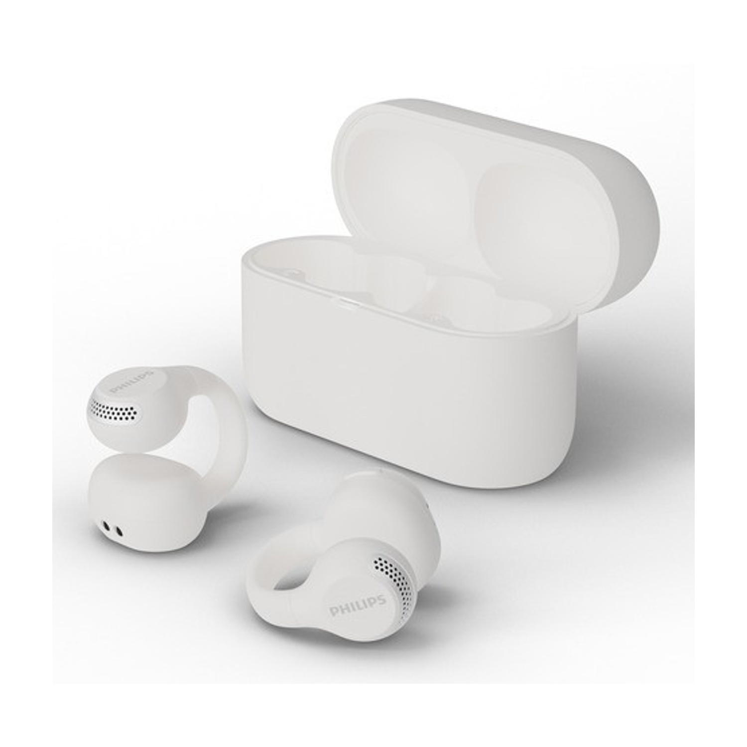 Auricolari Philips bianche con custodia di ricarica aperta. Un auricolare è staccato, mostrando il marchio. Tutto su una superficie bianca.